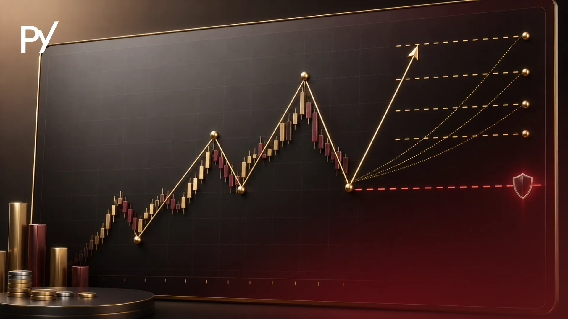 Elliott Wave Fibonacci setup on a trading chart showing wave projections and risk invalidation levels.