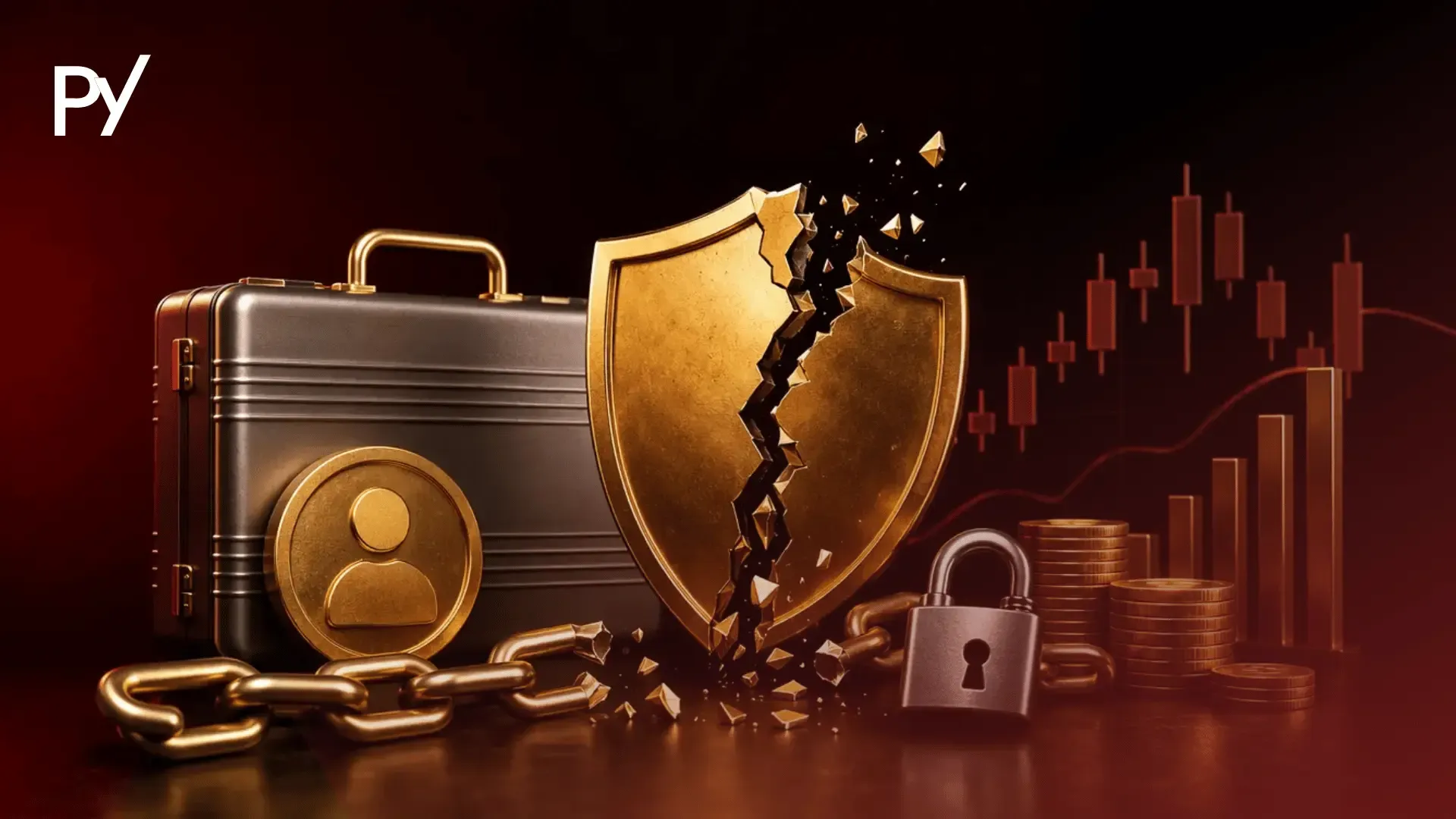 3D graphic showing a cracked gold shield, broken chain, briefcase, and declining stock chart, symbolizing account failure.