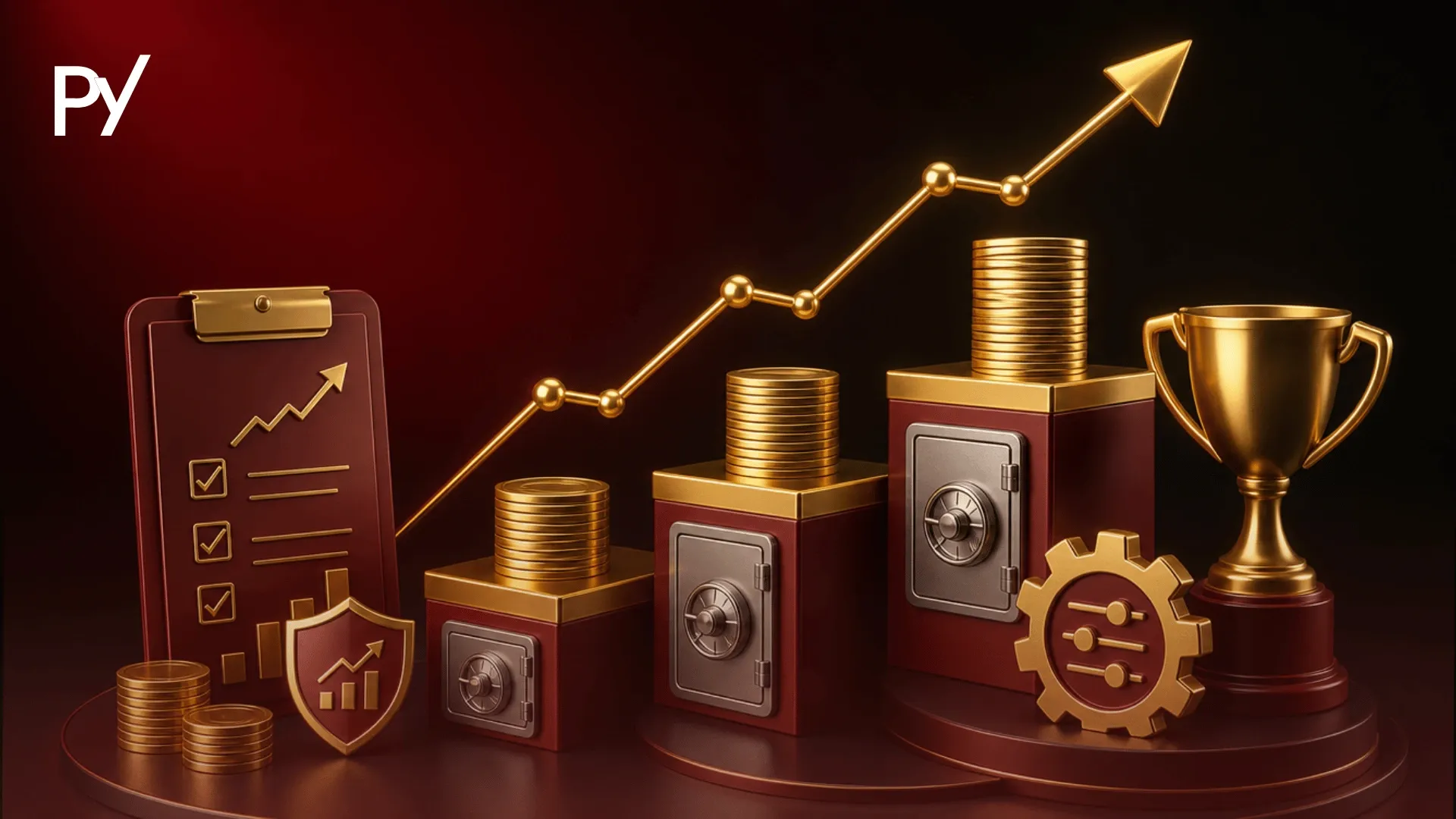 Conceptual illustration showing prop firm account capital growth milestones across evaluation cycles.