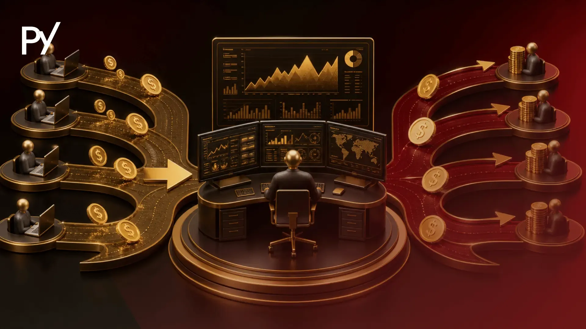 Conceptual graphic of a central prop firm processing incoming trader challenge fees and routing payouts to funded traders.