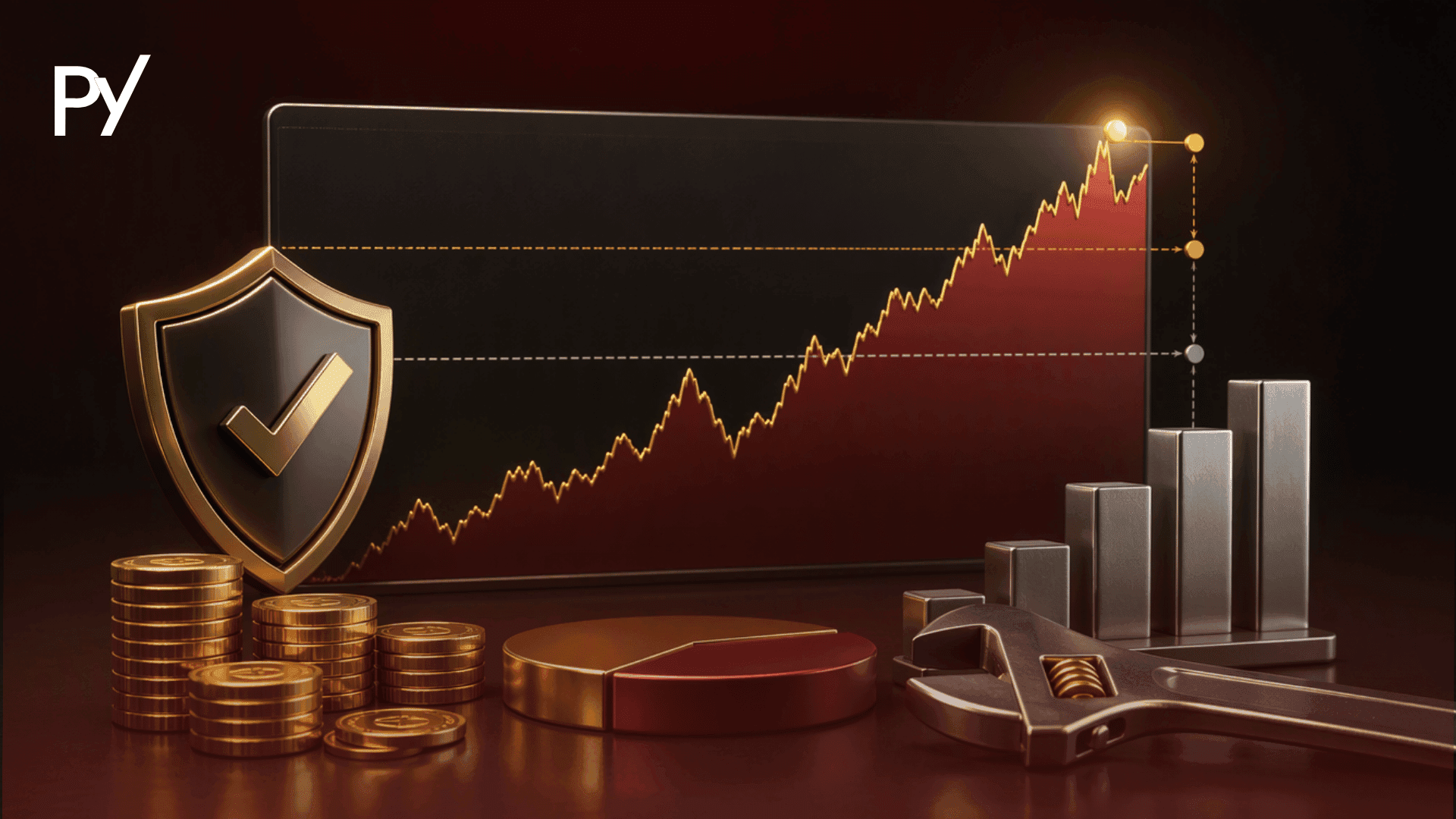 A 3D illustration on a dark red background depicting position sizing and risk adjustment under trailing drawdown rules.