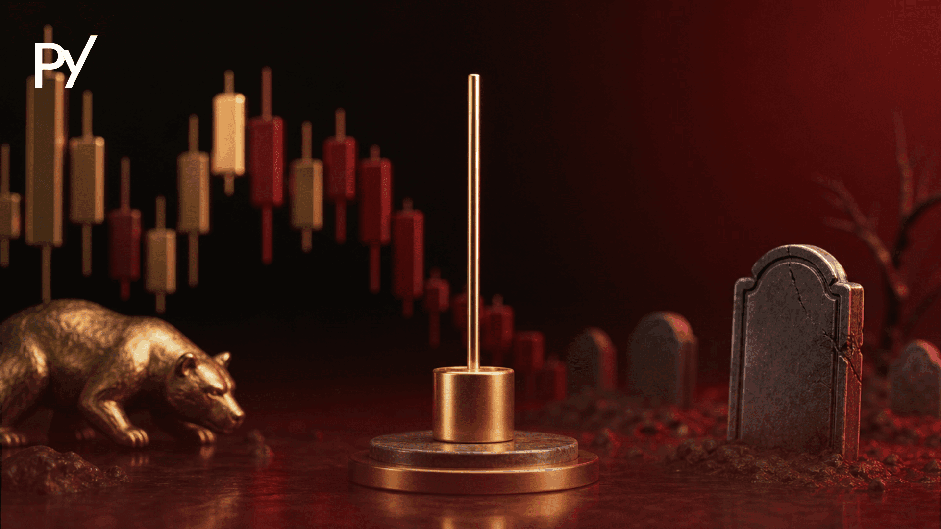 Conceptual cover illustration of a gravestone doji candlestick pattern showing buying exhaustion and bearish reversal.