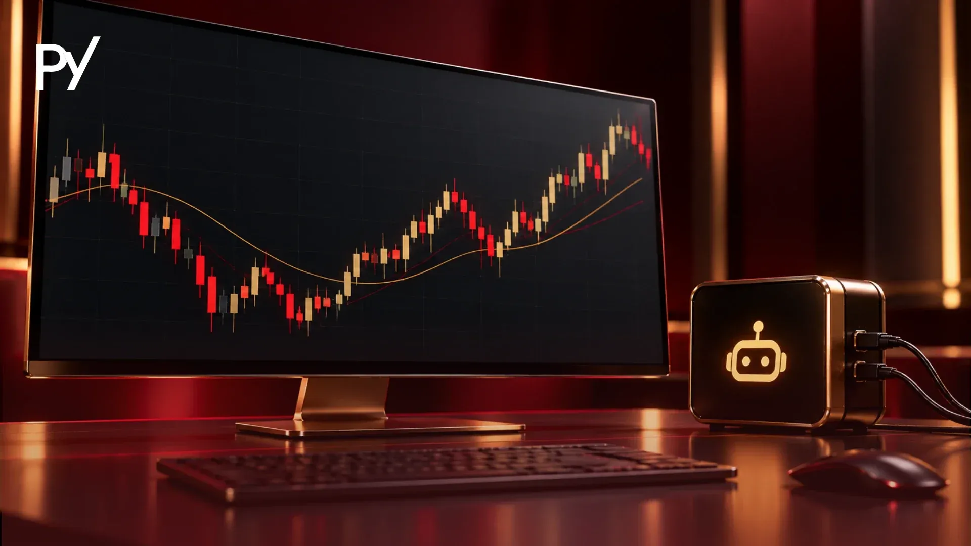 Forex trading bot concept: candlestick chart with moving averages on a monitor beside a robot icon device