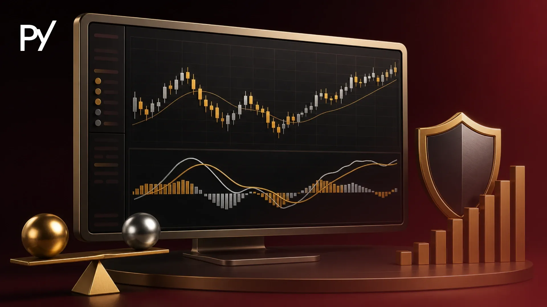 Modern trading software displaying candle charts and the MACD indicator with fast and slow moving lines.