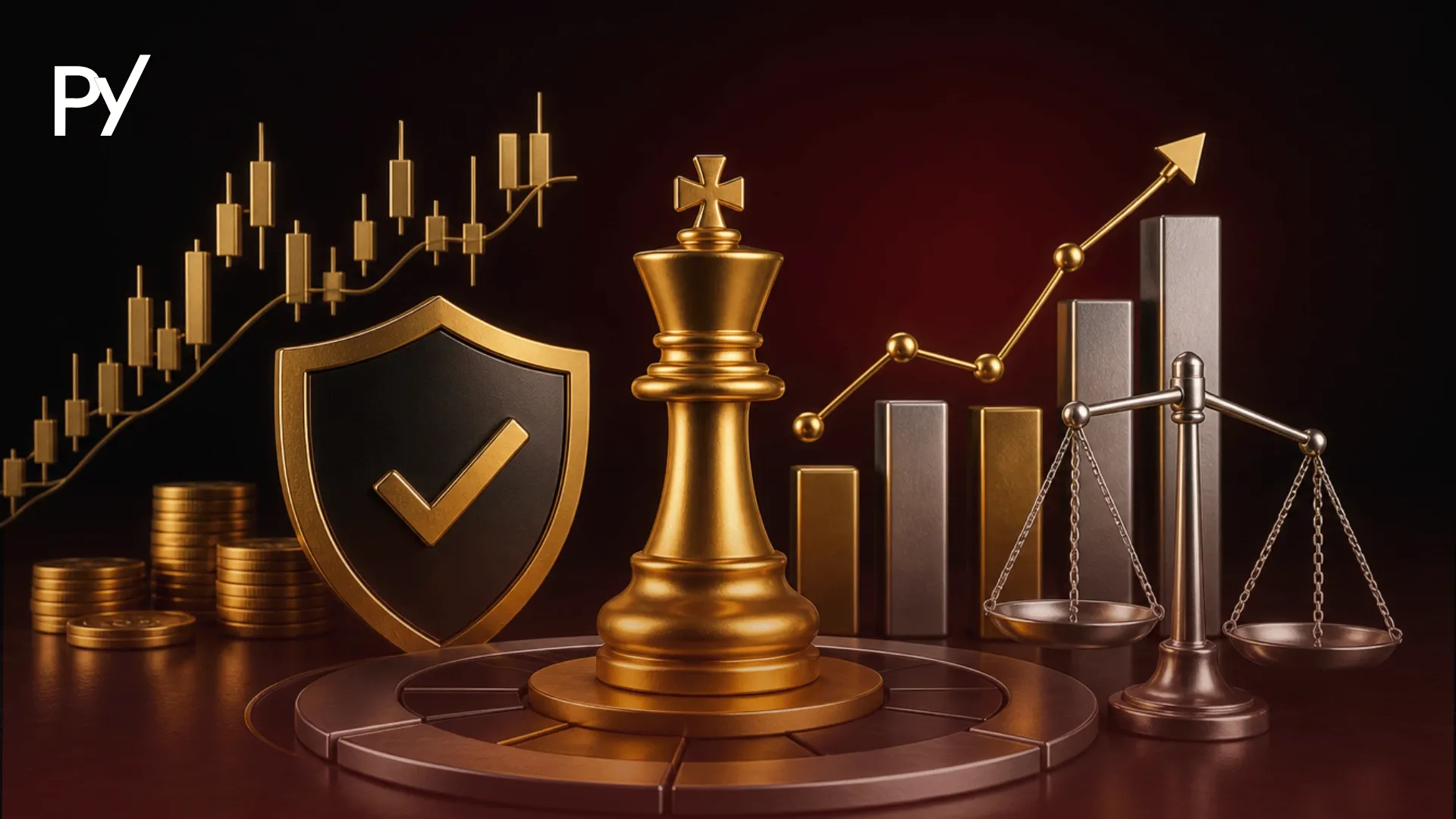 Conceptual illustration of prop firm challenge strategy featuring a gold chess king, risk shield, and growth charts.