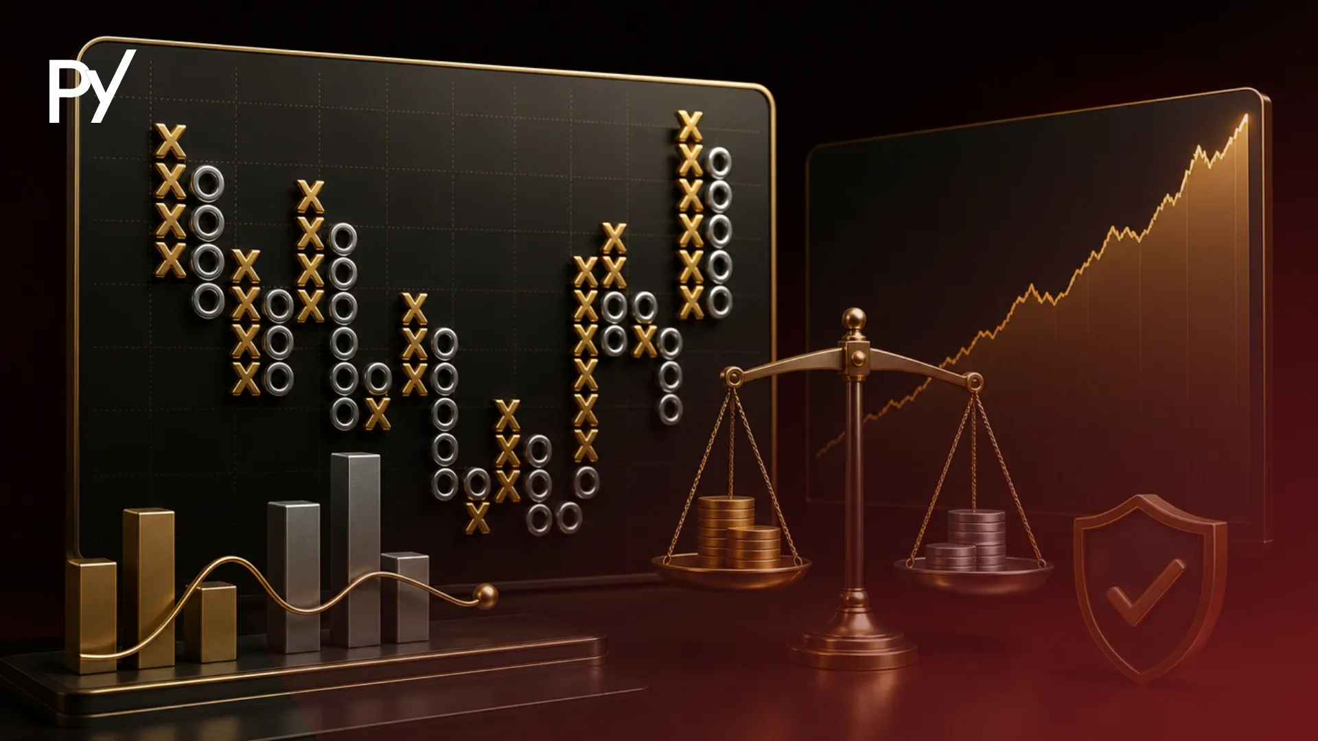 Conceptual cover illustration of Point and Figure (P&F) charting, filtering price noise using columns of X's and O's.