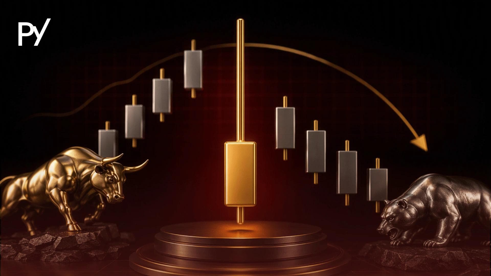Conceptual cover illustration of a shooting star candlestick pattern showing a long upper wick and bearish market reversal.