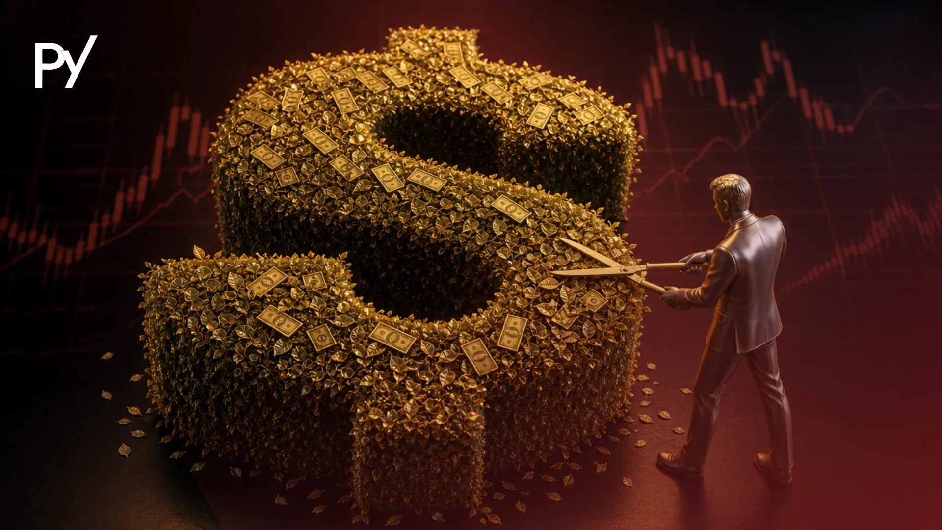 Businessman trimming a dollar-sign-shaped hedge with shears, symbolizing hedging in trading.