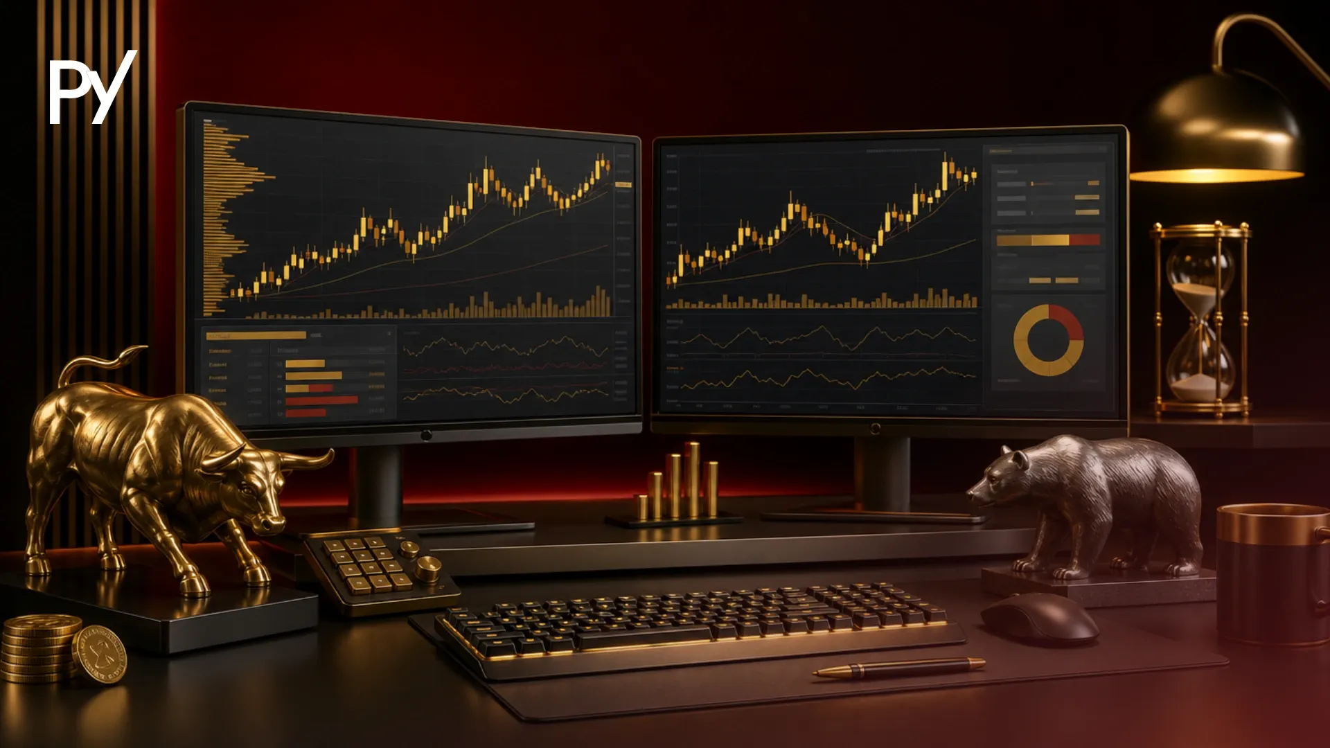 Modern-day trading workstation with market charts and risk management software.