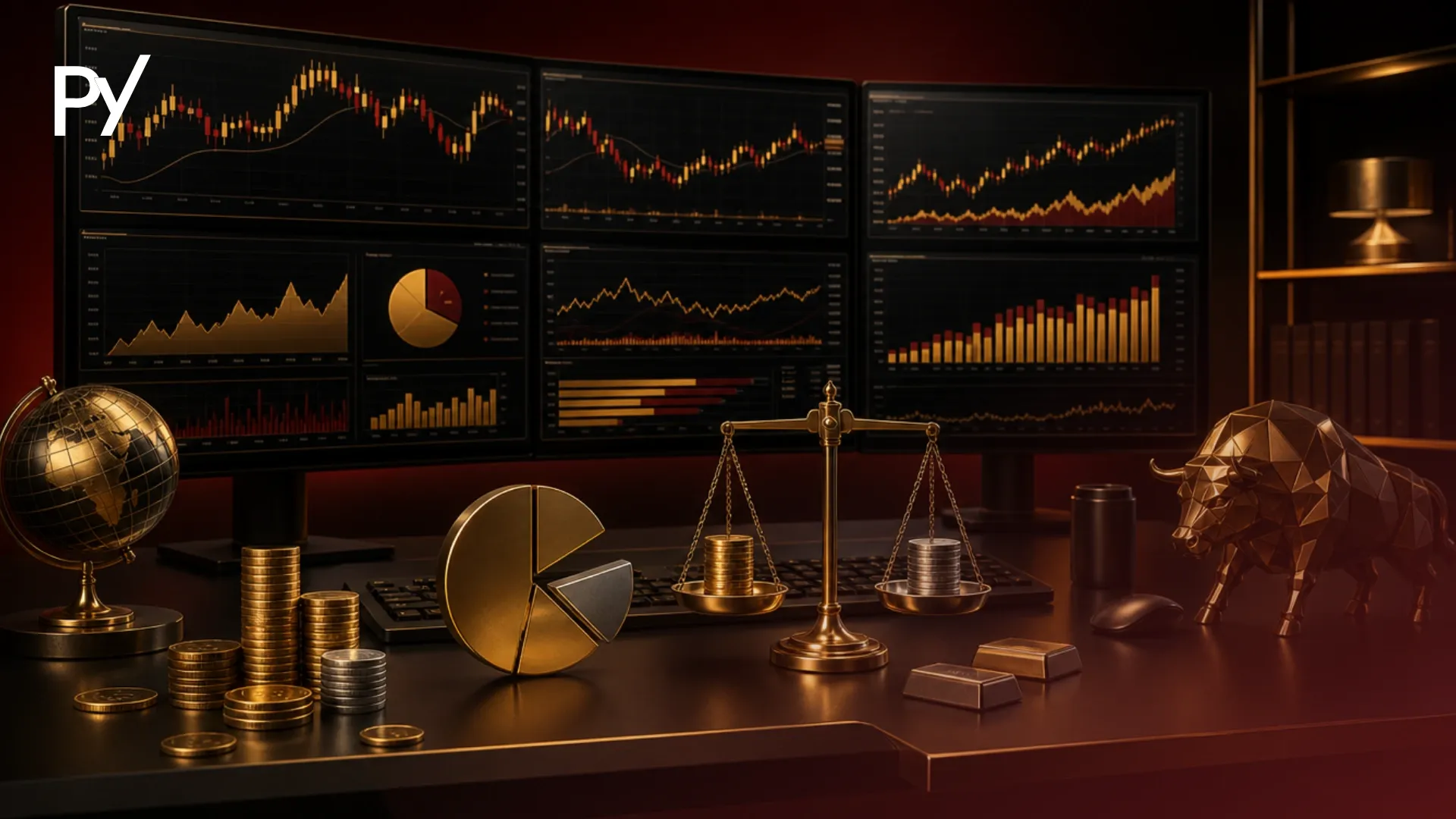 Day trading workstation monitor displaying account performance charts, profit splits, and risk parameter limits.