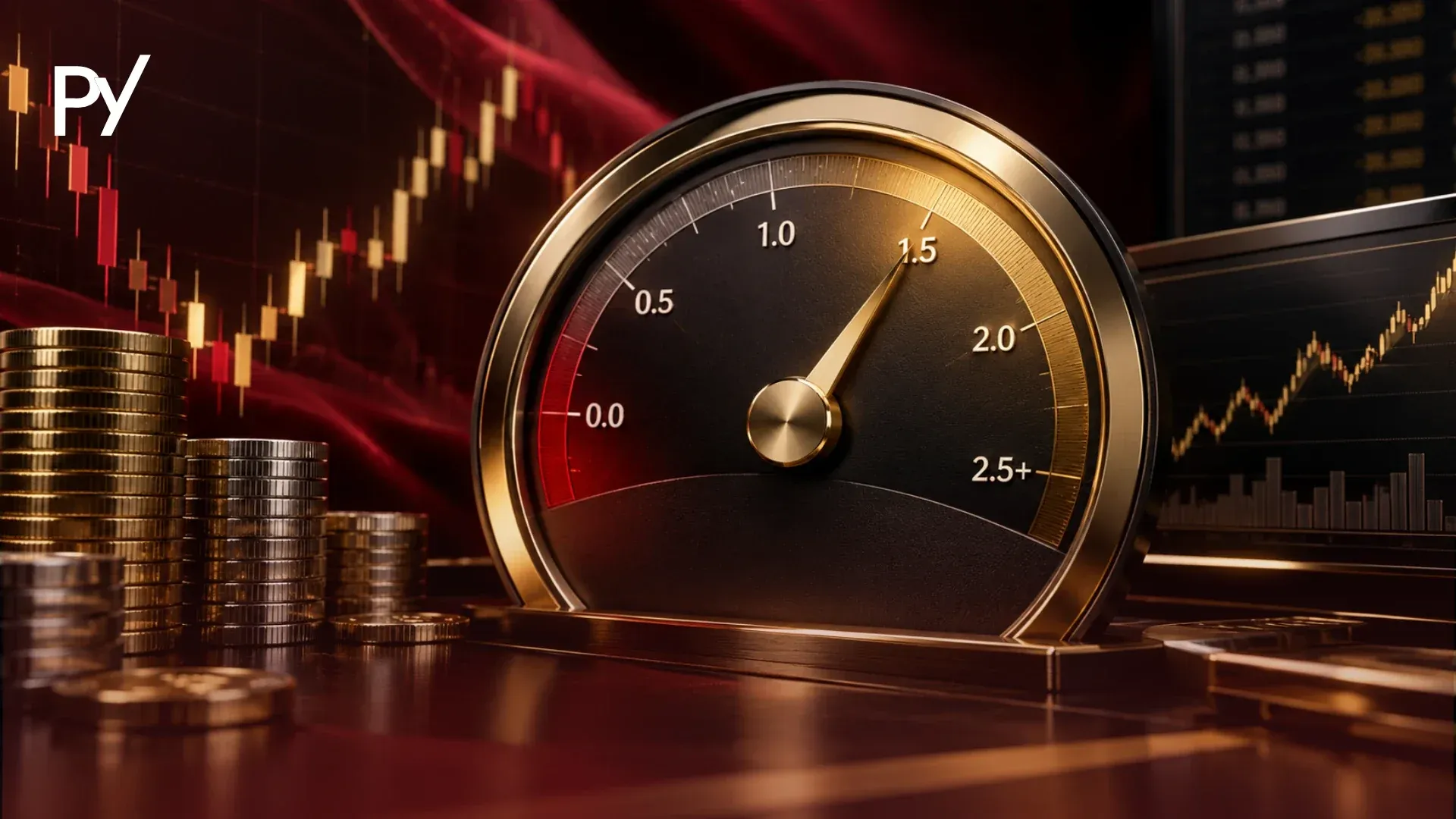 Profit factor gauge pointing near 1.5 beside coin stacks and trading charts, illustrating profit factor in trading