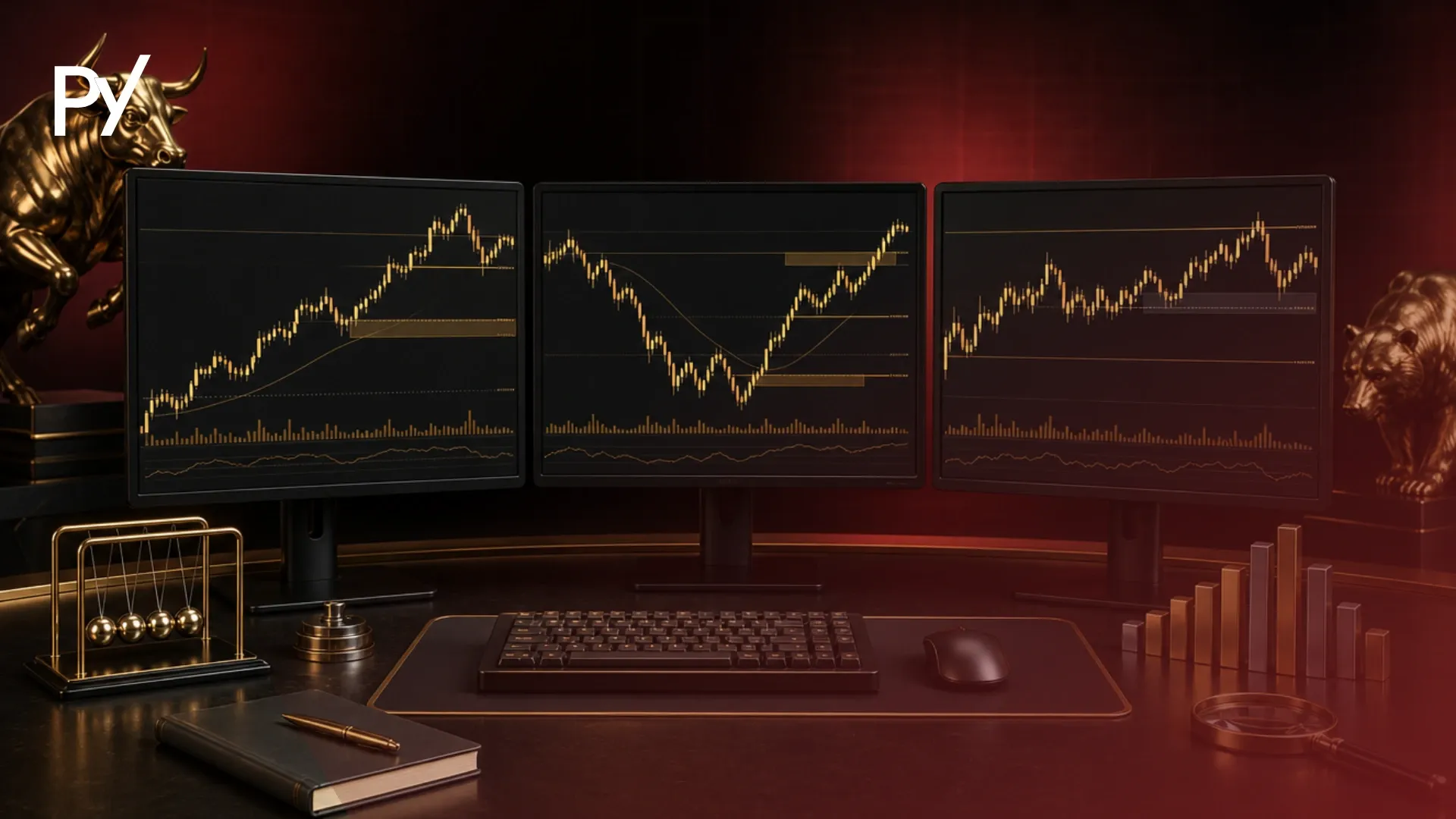 Conceptual cover illustration of multi-timeframe swing trading analysis using three synchronized price monitors.