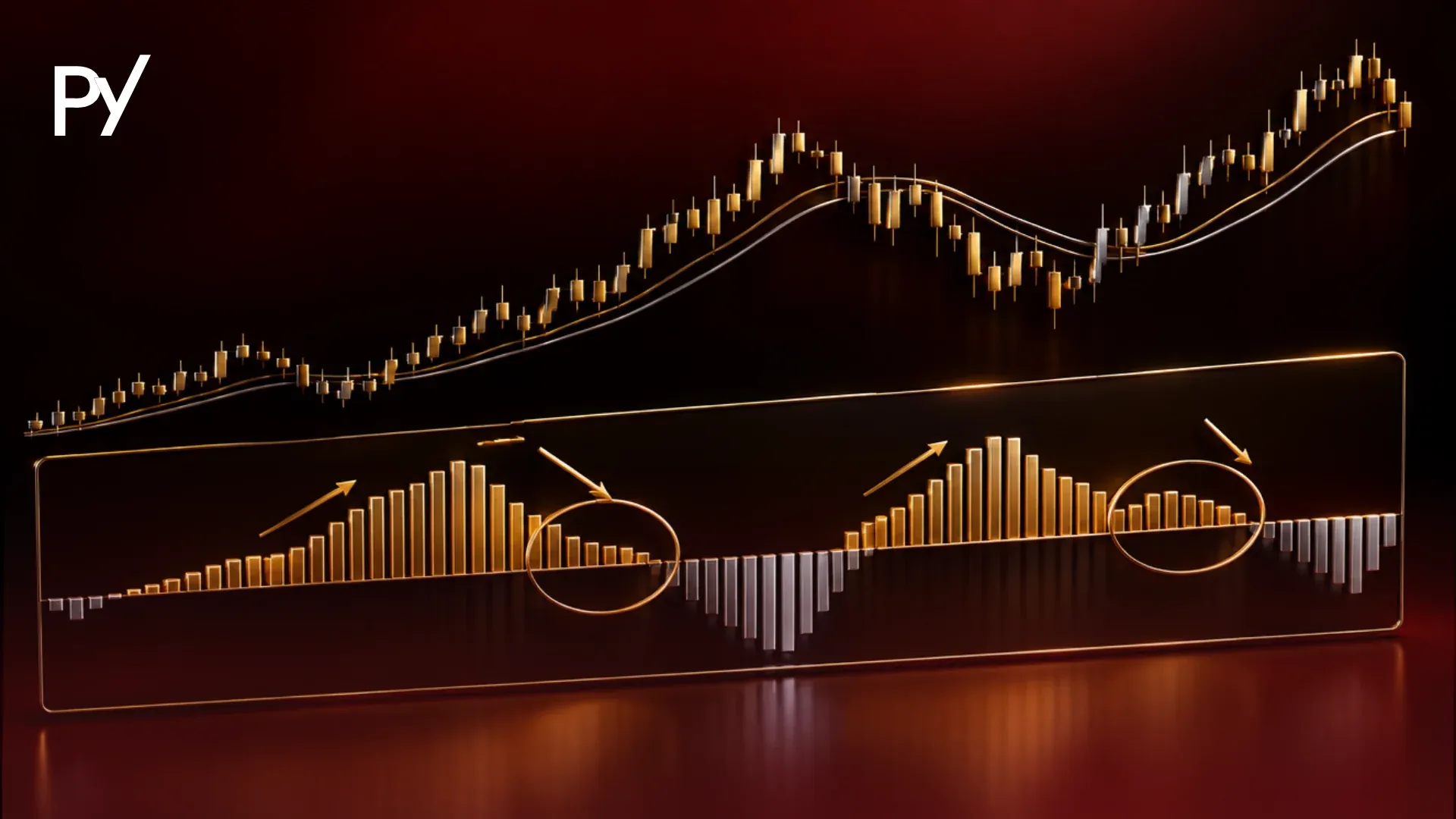 MACD histogram chart displaying momentum expansion and contraction bars beneath price action.