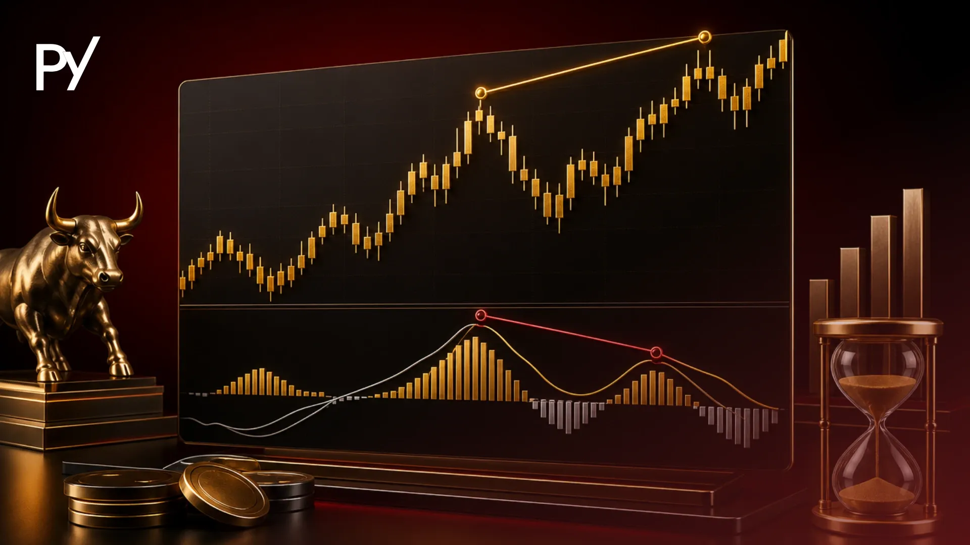 Price chart illustrating bearish MACD divergence with higher highs in price and lower highs on indicator.