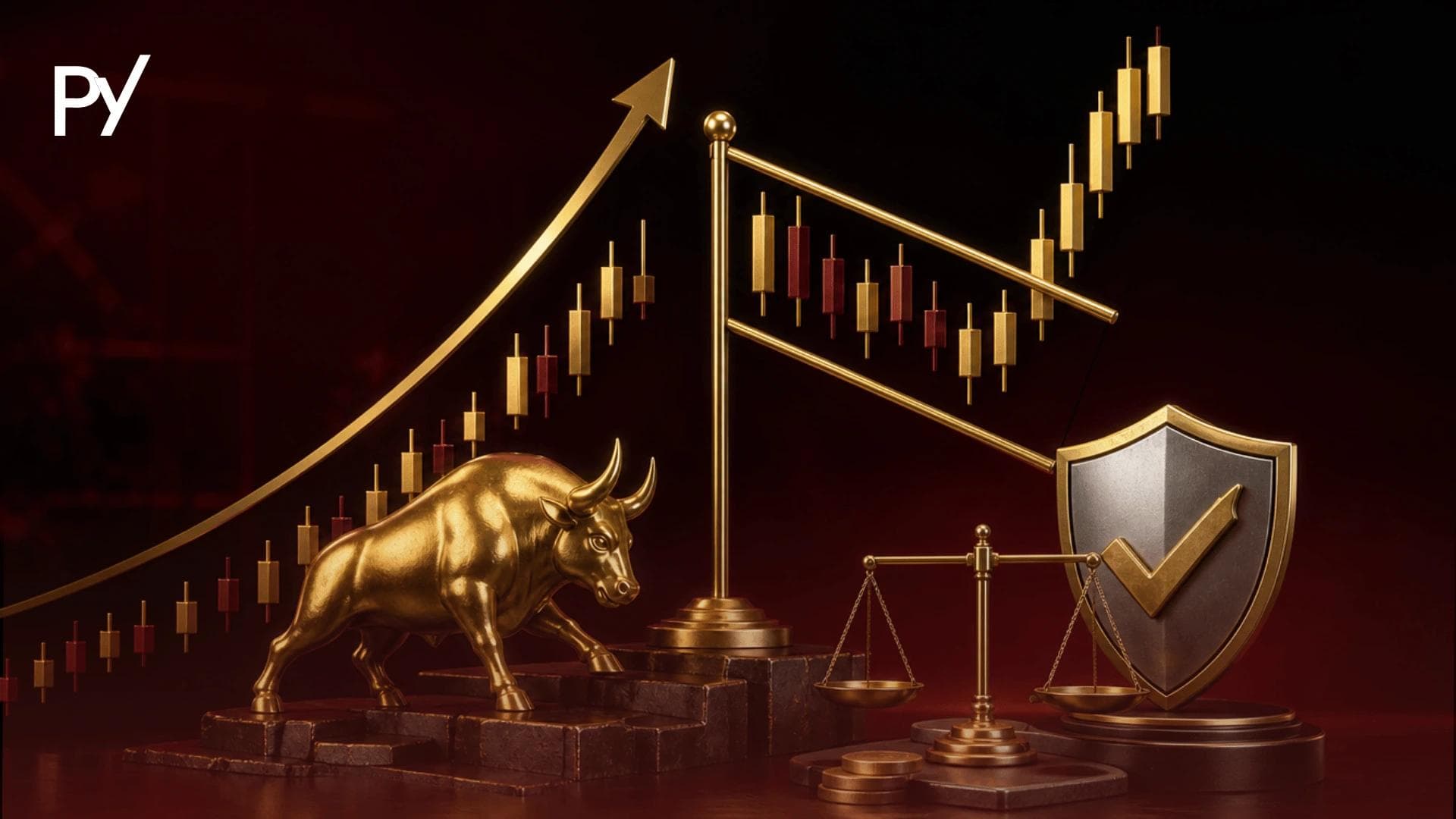 Conceptual cover illustration of a bull flag pattern featuring a golden bull statue, flag pole chart, scale, and protective shield.