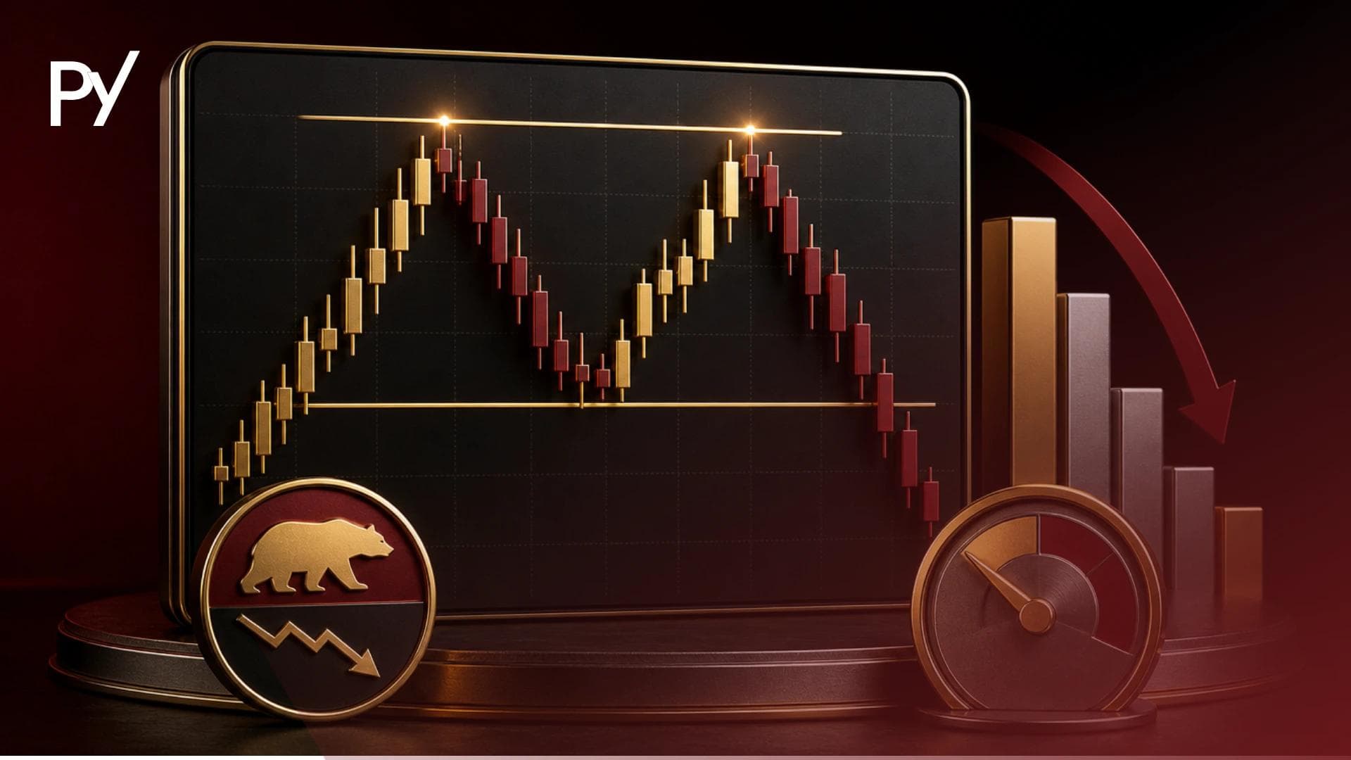 Technical illustration of a double top chart pattern showing peak resistance and neckline breakdown.