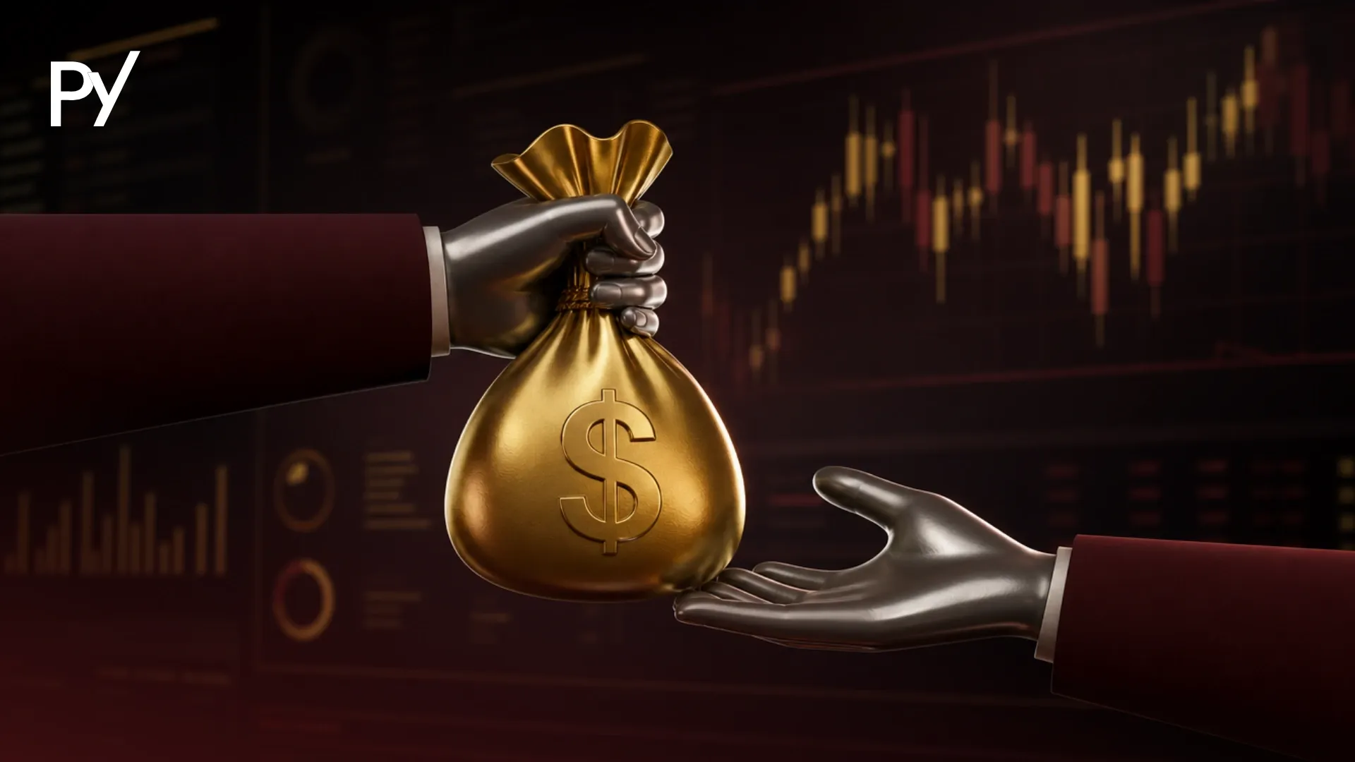 Hand delivering a gold money bag with a dollar sign to another hand, set against a dark stock chart background.