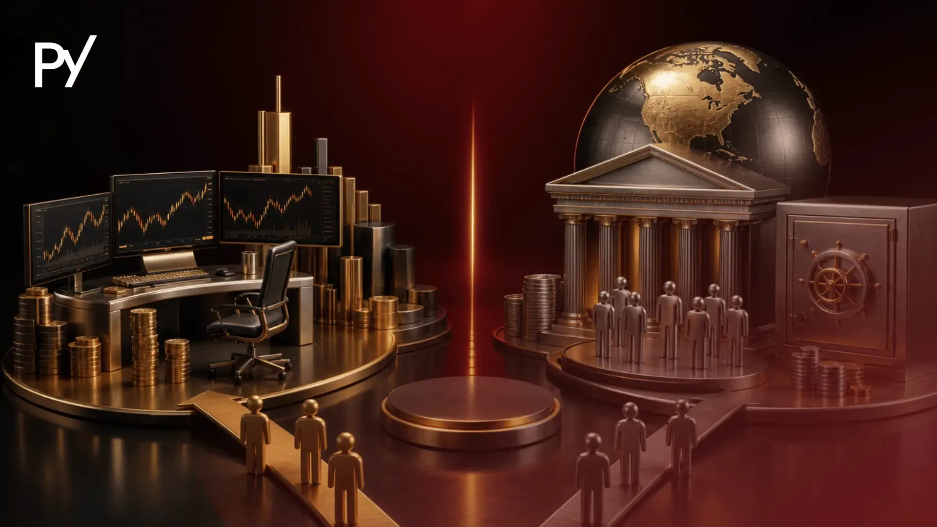 3D graphic contrasting a high-tech individual prop trading desk on the left against a traditional hedge fund on the right.