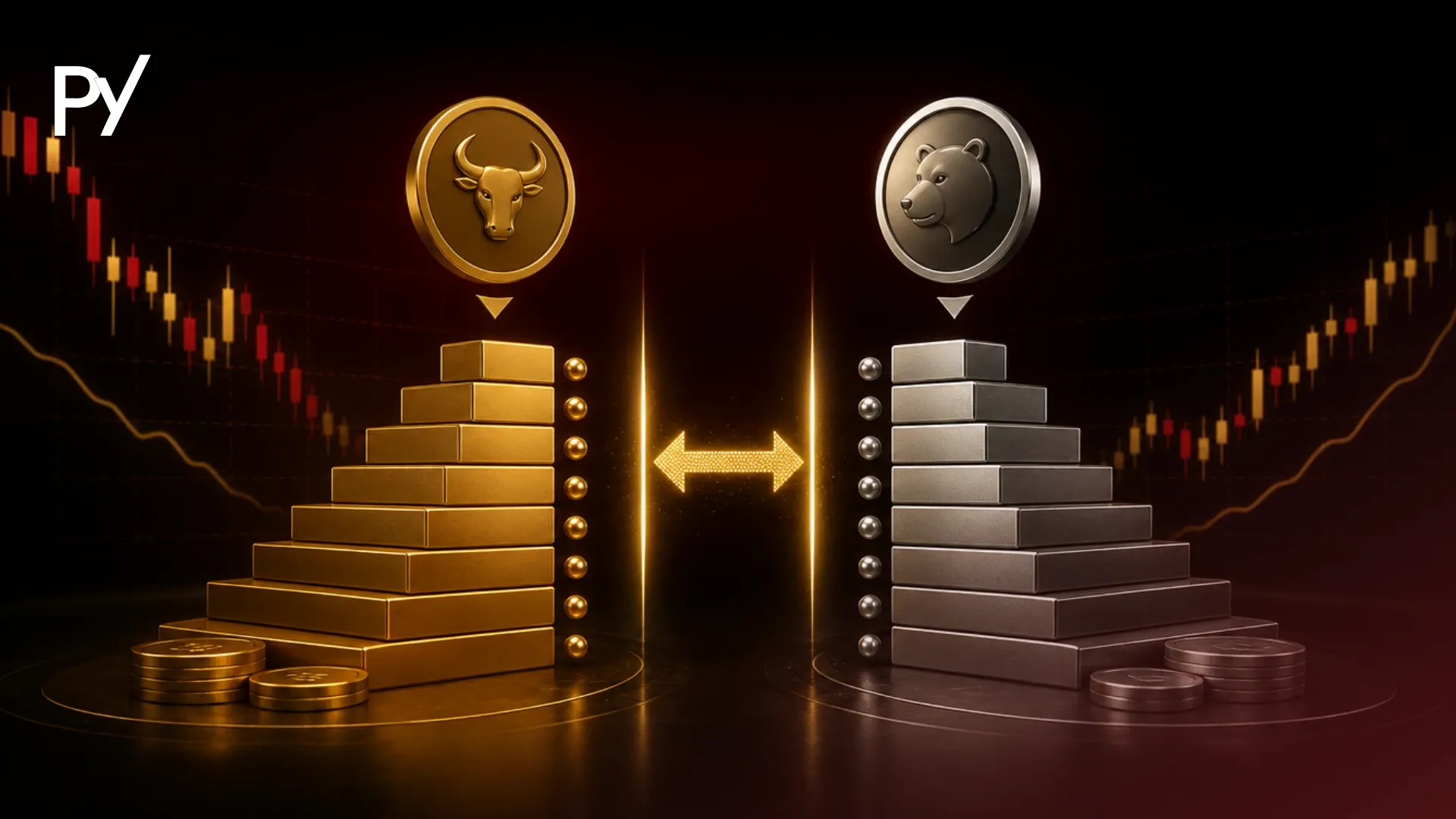 Gold bull coin and silver bear coin on opposing bar stacks, illustrating the bid-ask spread between buyers and sellers.