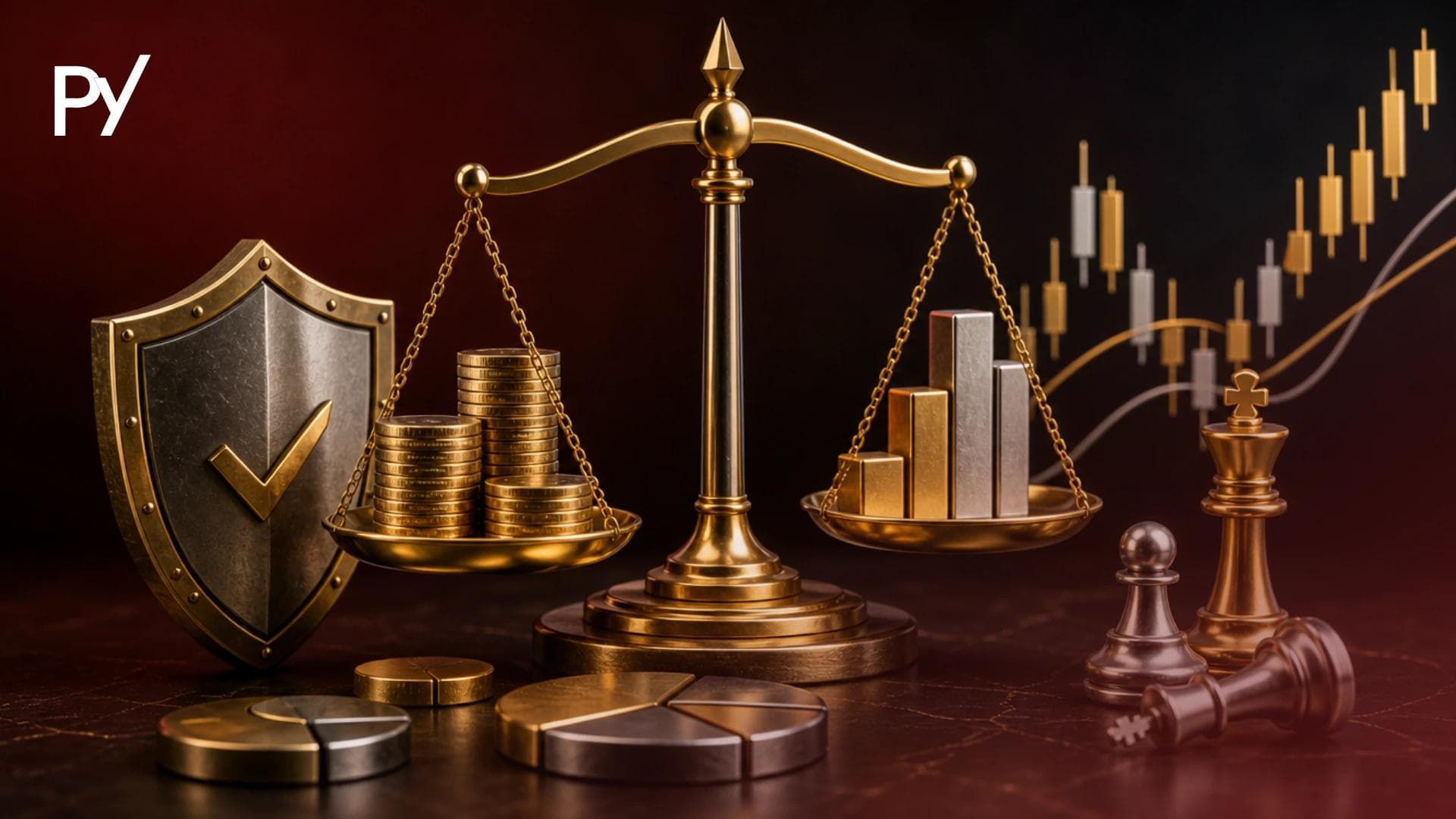 Golden balance scale weighing stacks of coins against bar charts beside a protective shield, symbolizing money management in trading.