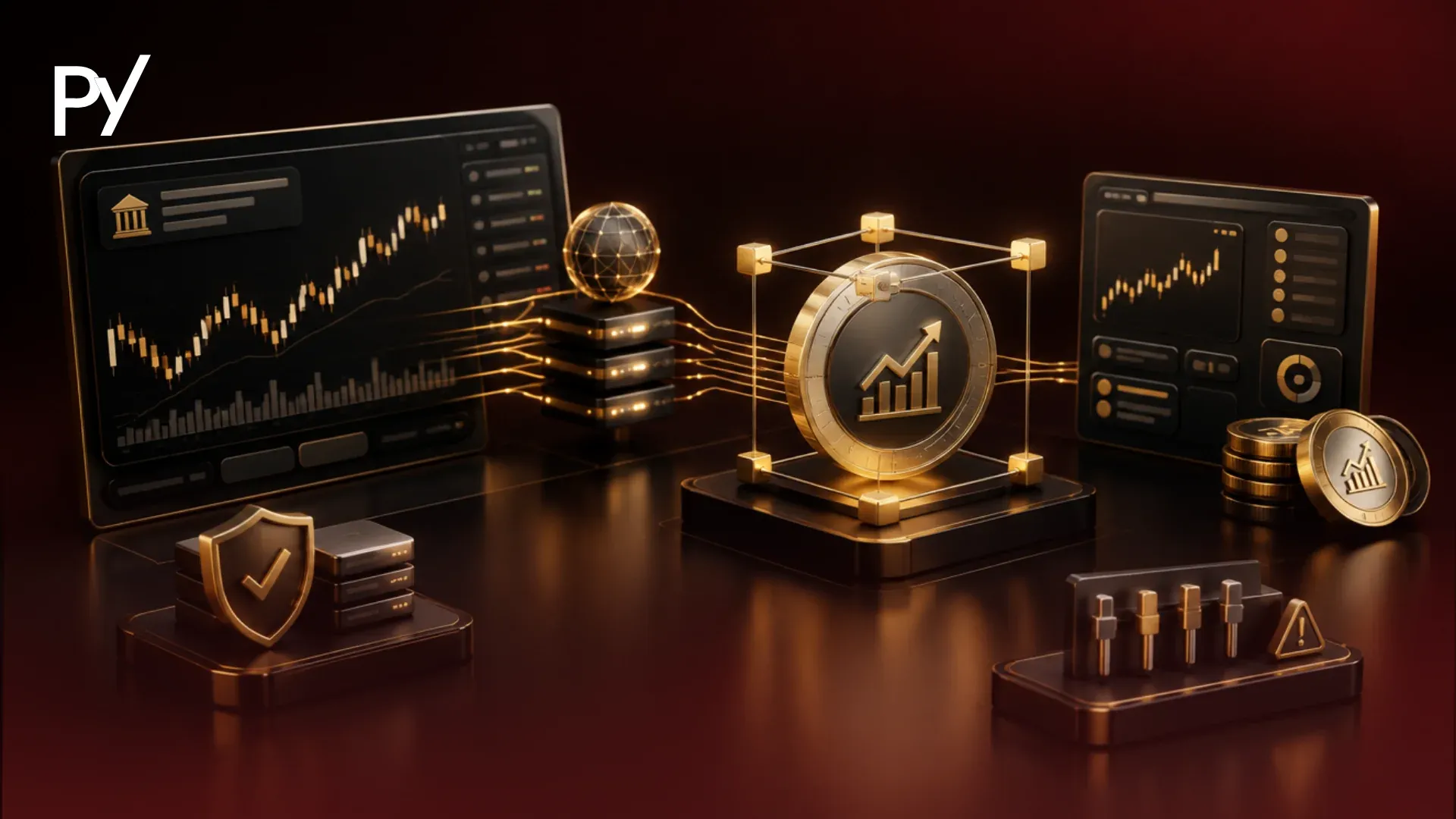 Tokenized stock trading interface illustration showing digital equity tracking and oracle data feeds.
