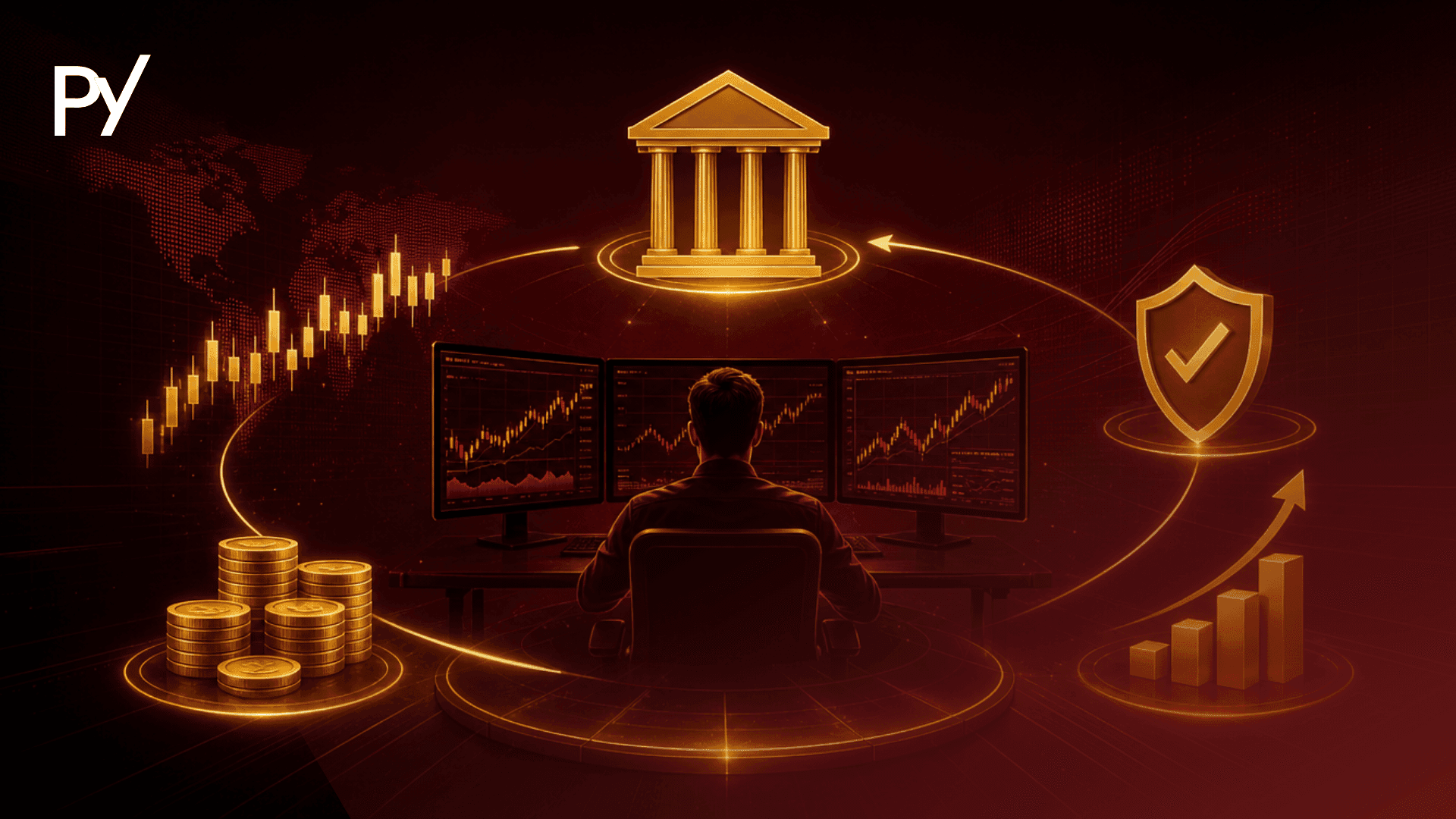 Graphic illustrating proprietary trading firm concepts, featuring a trader at multi-screen setup with capital, security, and market icons.