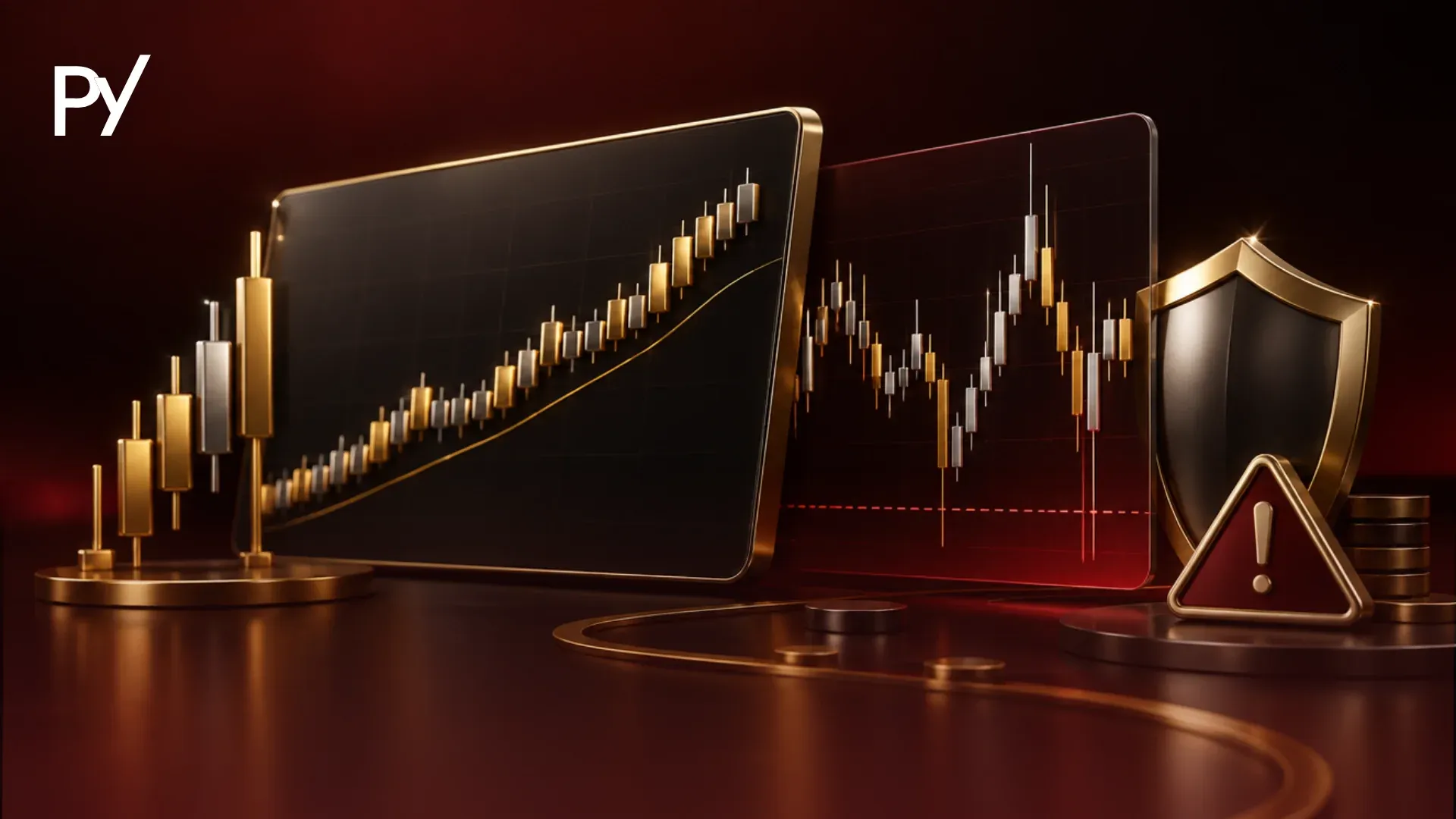 Heikin Ashi smoothed candlestick chart beside a volatile standard price chart, with a shield and warning icon for prop firm drawdown risk.