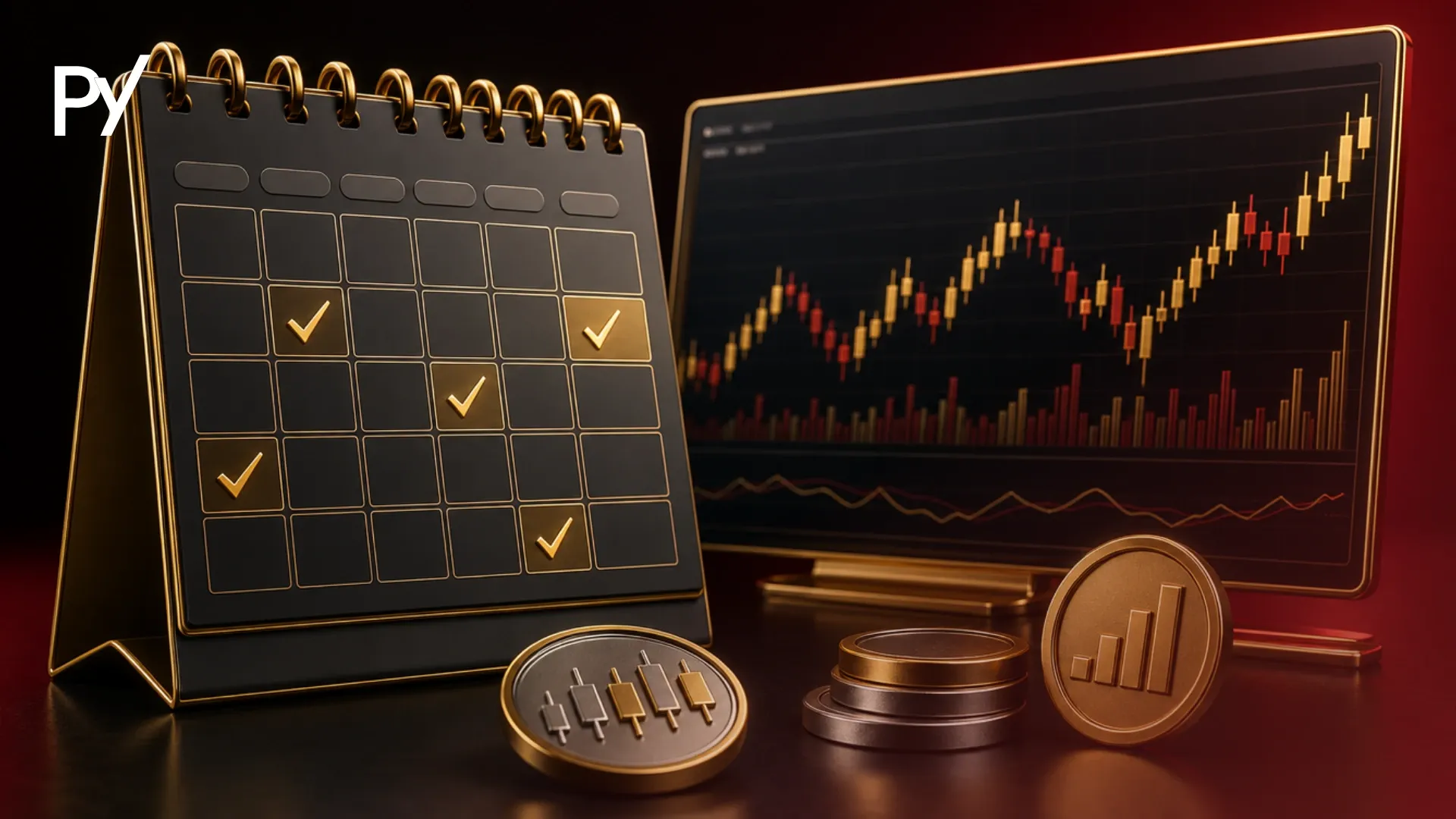 Calendar with gold checkmarks next to a financial screen and coins, illustrating prop firm minimum trading days rules.