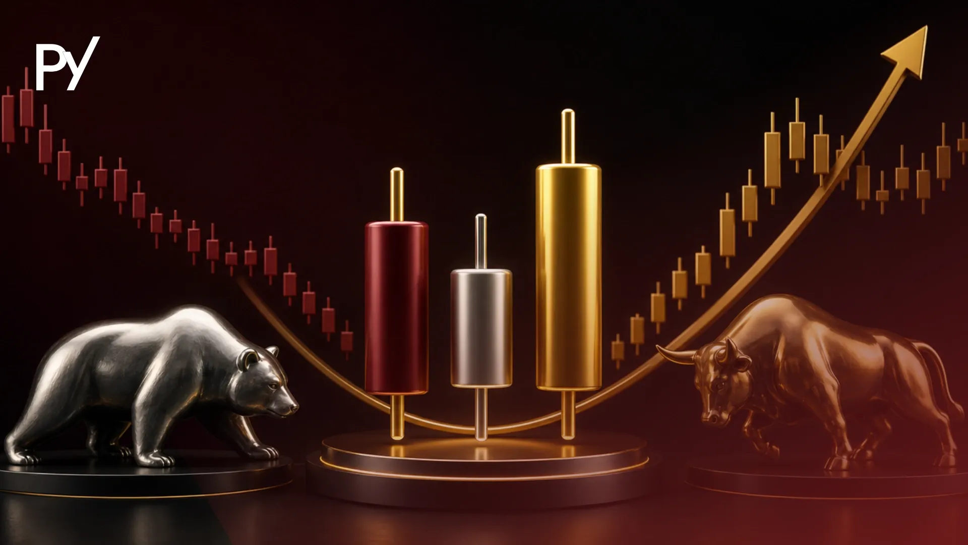 Conceptual cover illustration of a three candlestick pattern setup showing trend reversal dynamics from bear to bull.