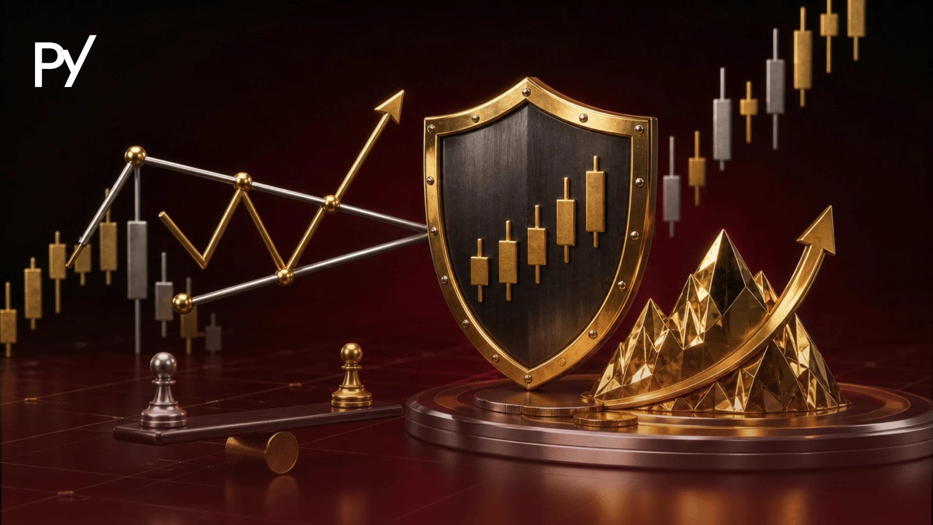 Conceptual cover illustration for trading continuation patterns under prop firm drawdown rules featuring a shield, charts, and chess pawns.