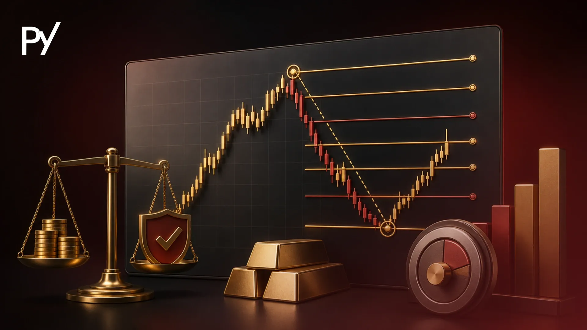 Fibonacci retracement calculator level lines on a trading chart.