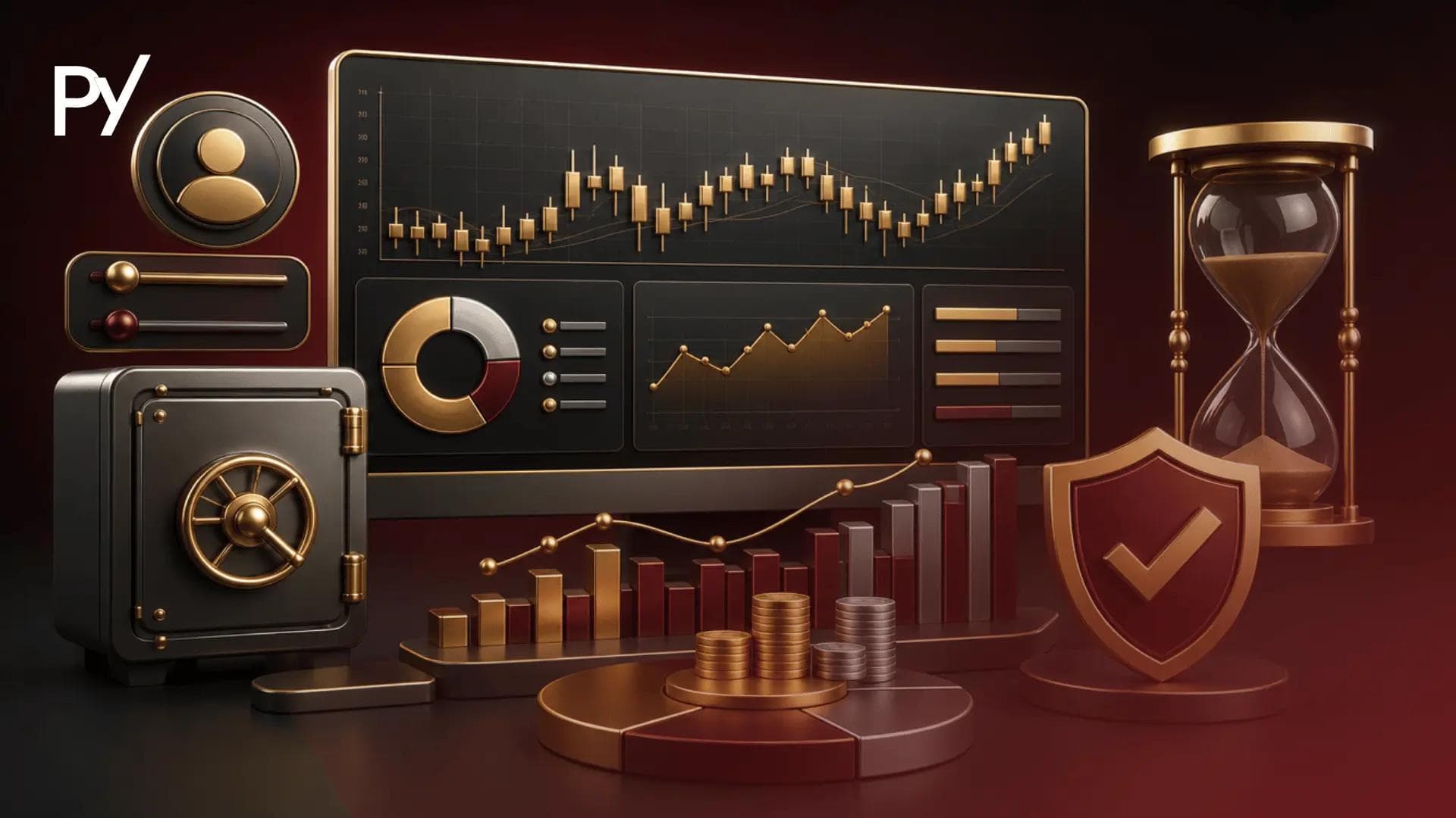 3D Illustration showing prop firm account mechanics with dashboards, graphs, and other icons.