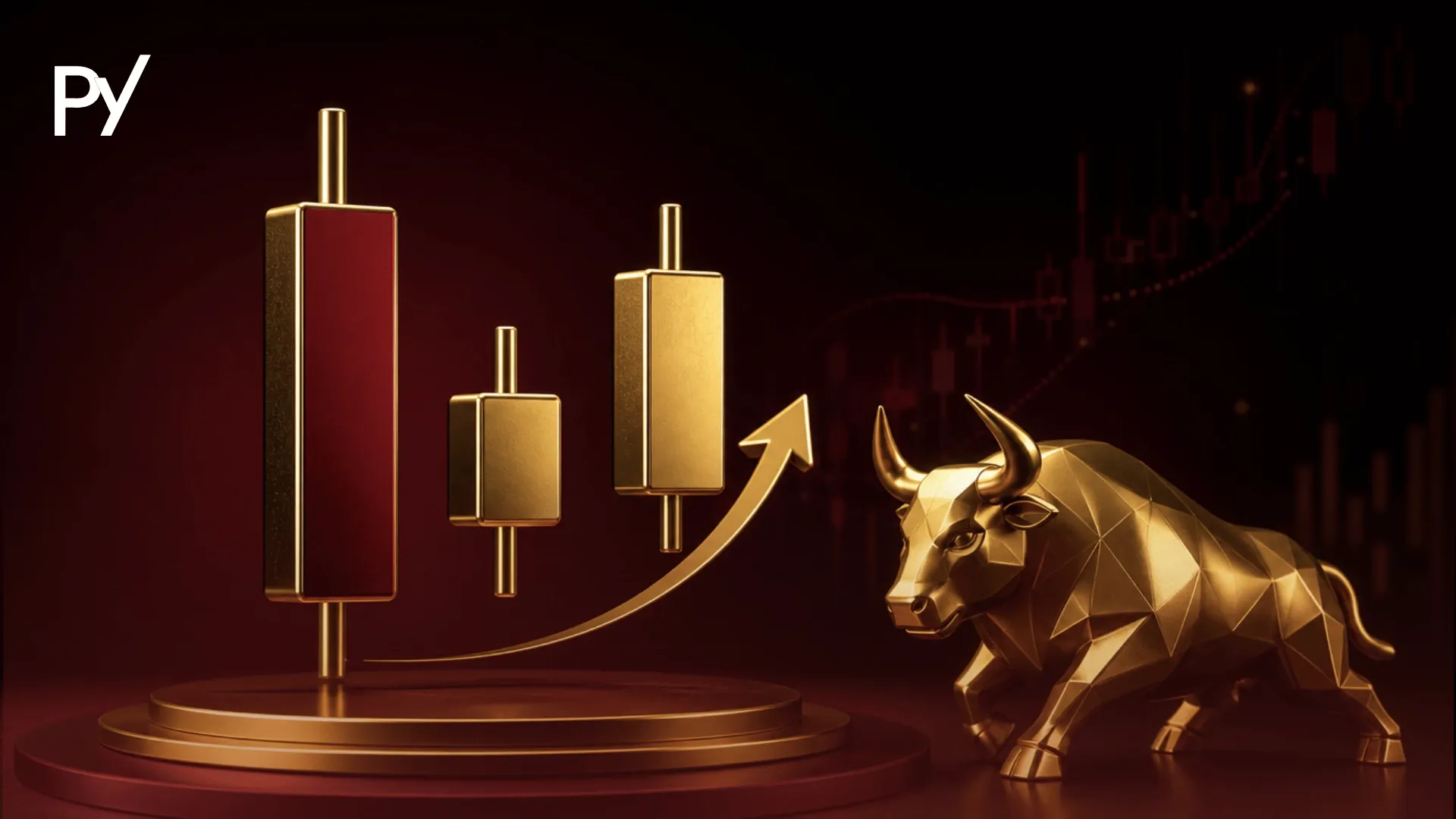 Conceptual cover illustration of a three inside up bullish reversal candlestick pattern featuring a golden bull.