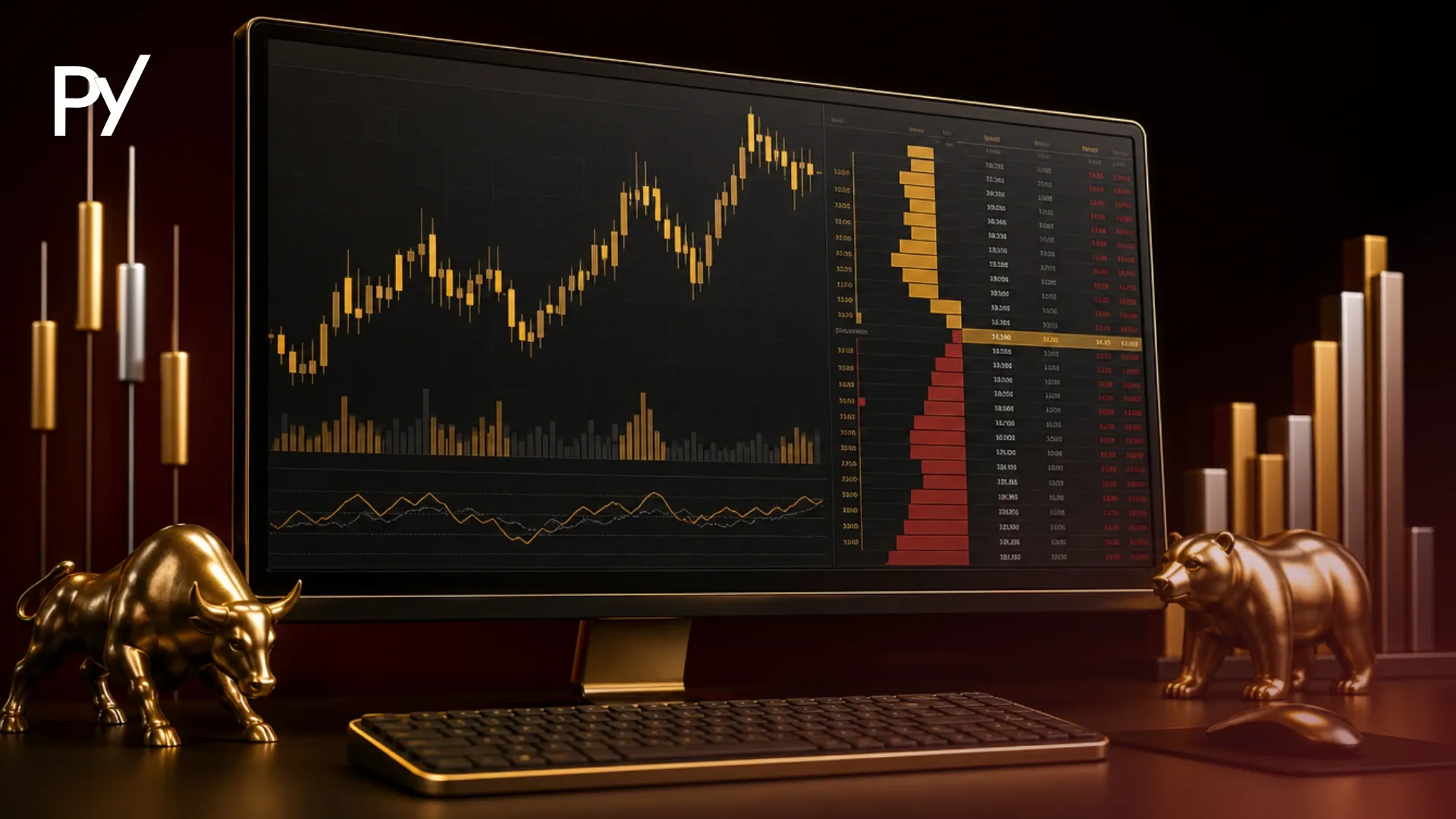 Index futures trading chart and DOM depth of market display on funded trading software.