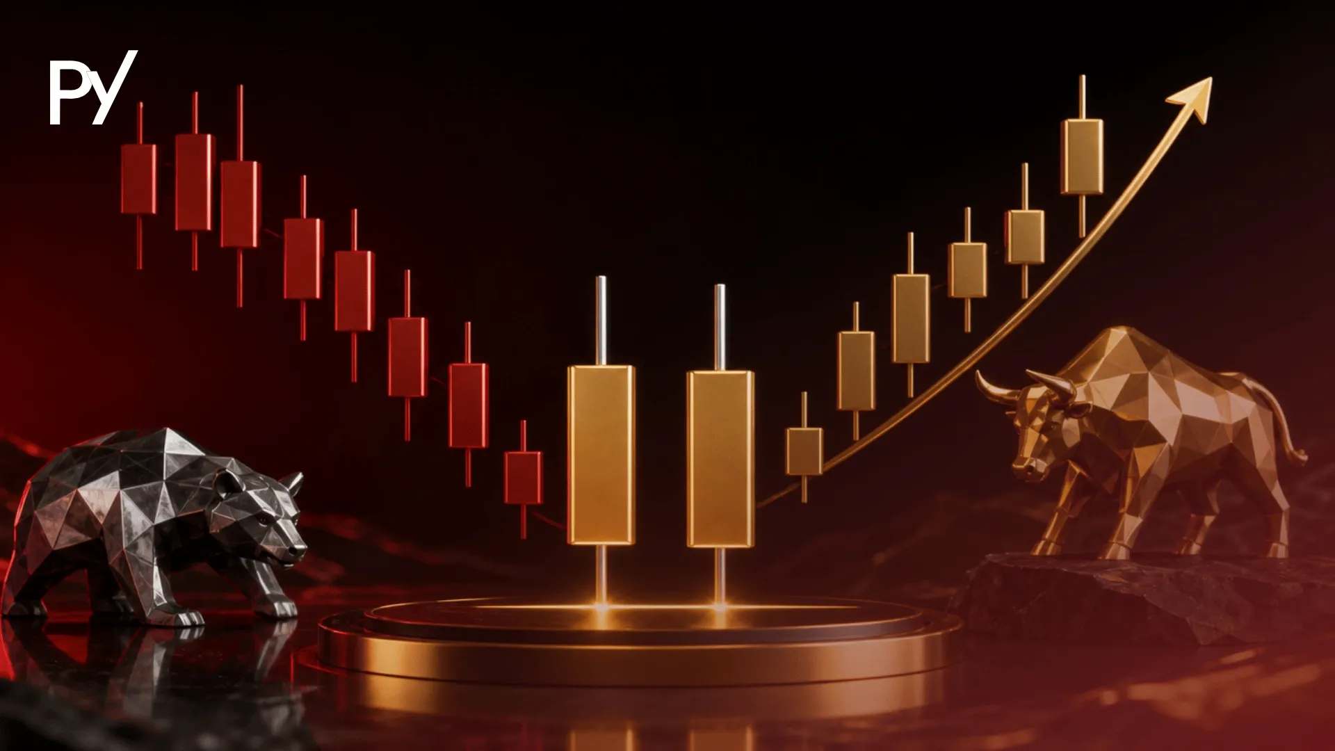 Conceptual cover illustration of a tweezer bottom candlestick pattern showing twin matching lows and a bullish reversal.