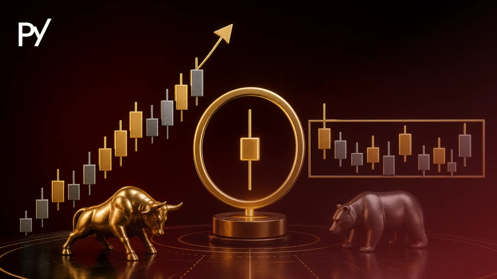 Conceptual cover illustration of a spinning top candlestick pattern representing market indecision between bulls and bears.