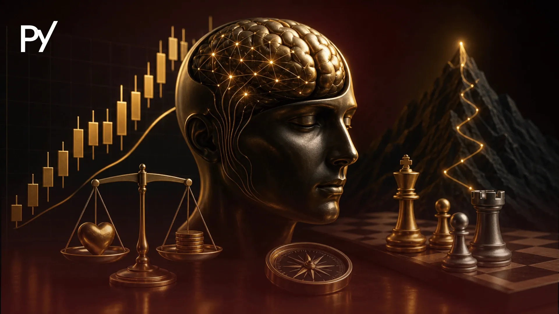 Conceptual illustration of trading psychology and mindset featuring a glowing brain sculpture, balance scale, chess pieces, and peak charts.