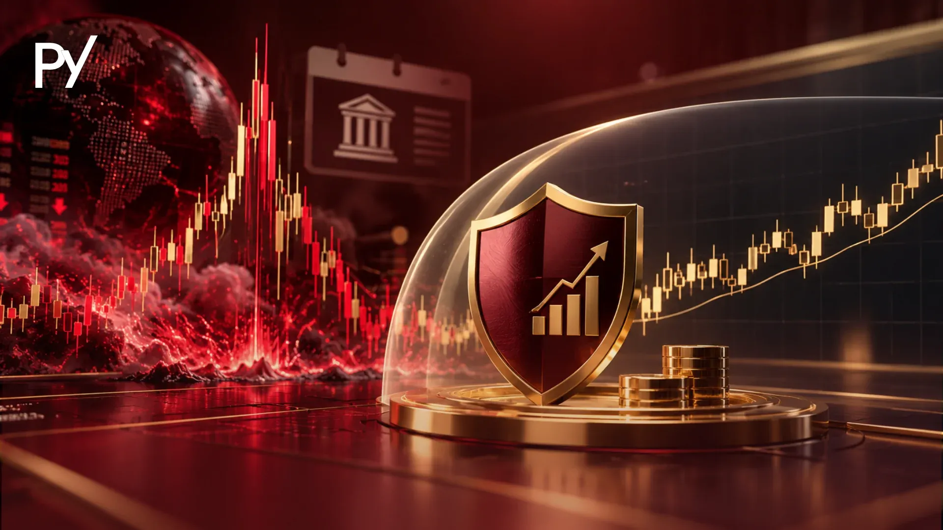 Golden shield protecting a rising candlestick chart from a volatile red news-spike chart for funded account news trading