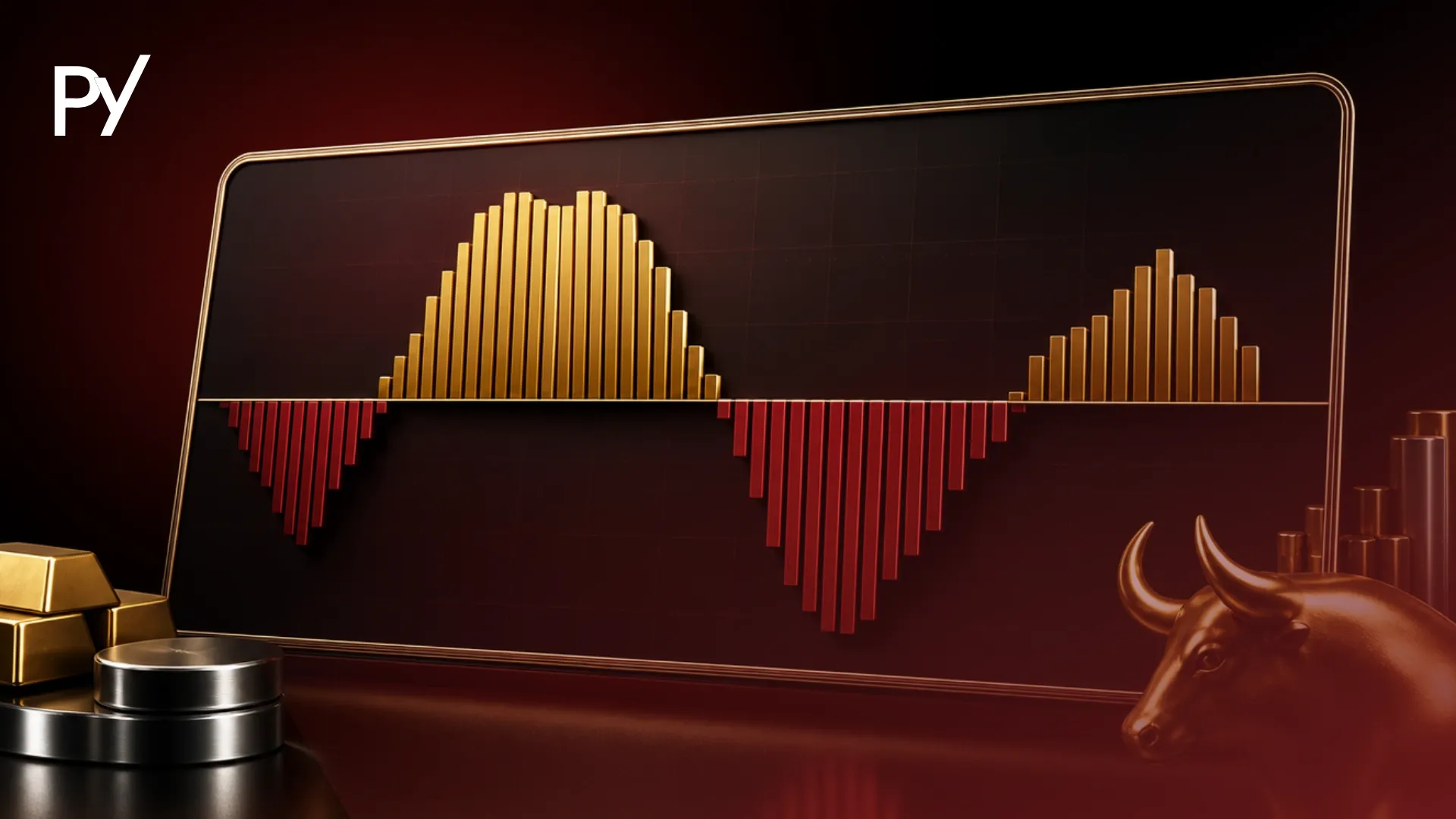 3D graphic of an Awesome Oscillator histogram display with gold and red bars beside a bronze bull statue.