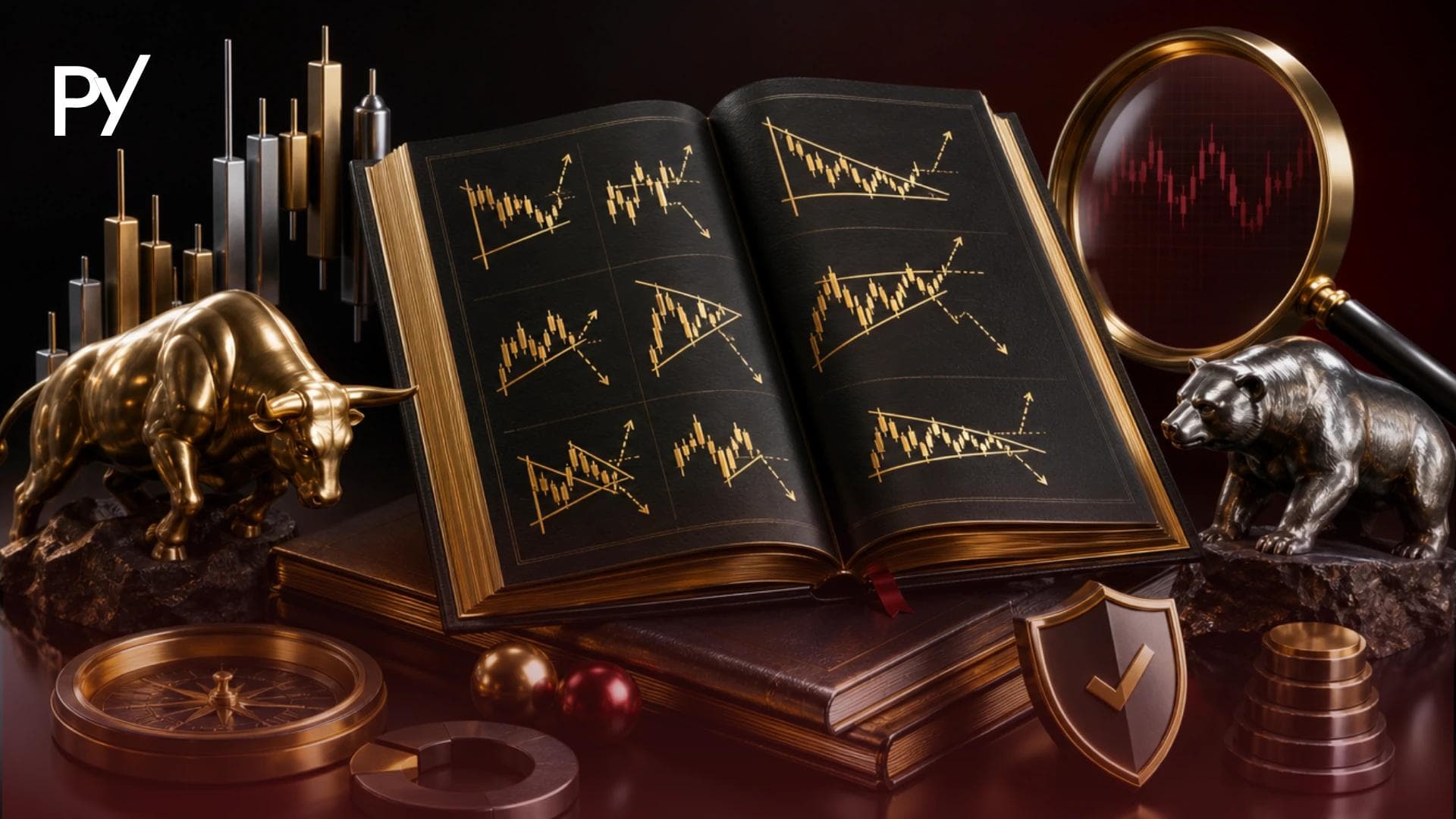3D graphic of an open handbook showing classical trading chart patterns, framed by a bull, bear, and magnifying glass.