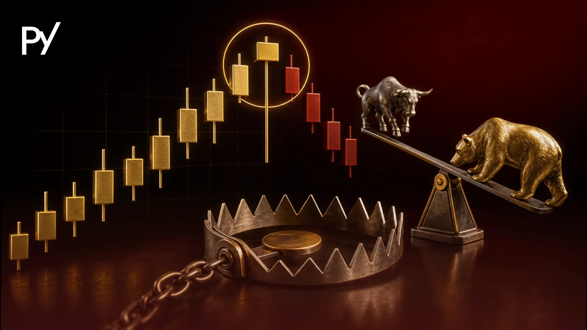 Conceptual cover illustration of a hanging man candlestick pattern signaling a bearish reversal trap at market highs.