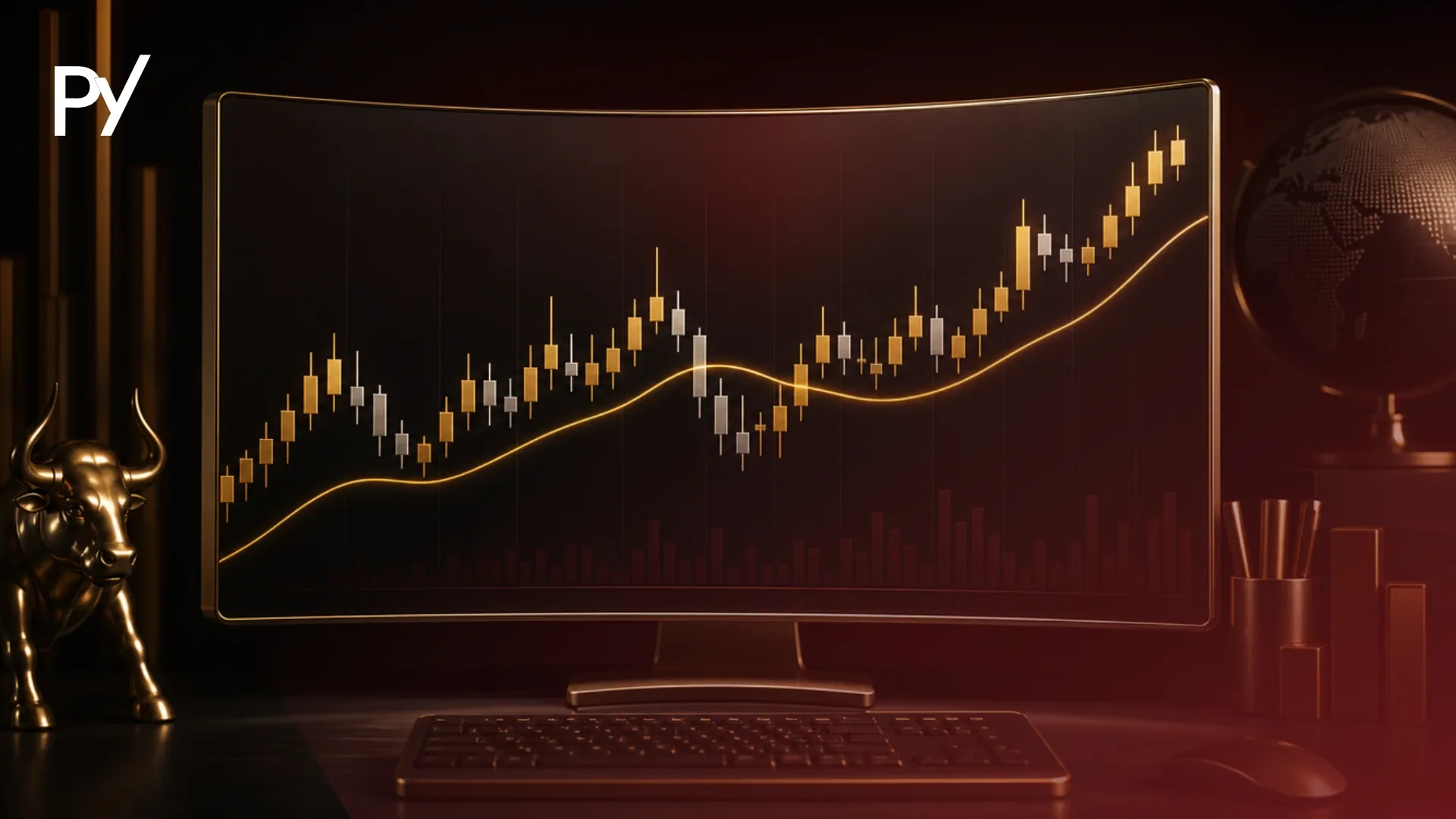 3D graphic of a curved monitor displaying a glowing gold EMA line tracking candlestick chart action beside a gold bull.