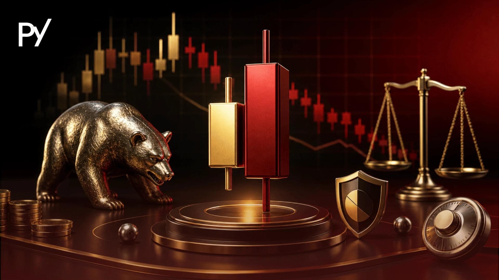 Conceptual cover illustration of a bearish engulfing candlestick pattern featuring 3D candlestick models, a golden bear, and risk controls.